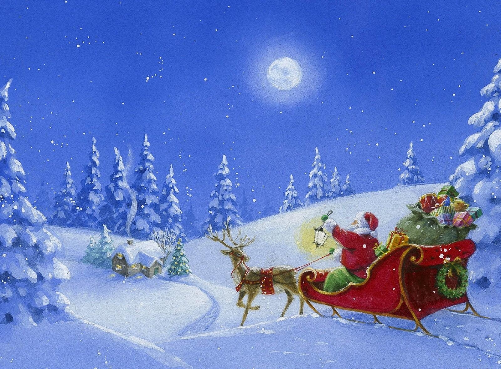 santa claus, holidays, night, moon, forest, house, lamp, lantern, deer, sleigh, sledge, presents, gifts