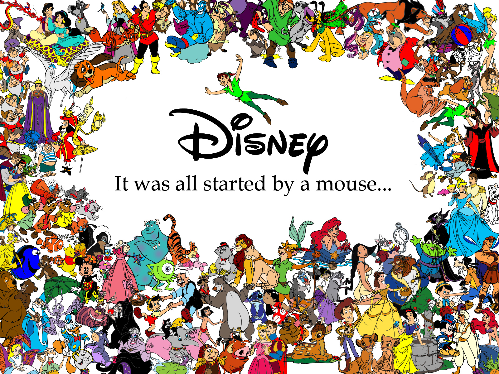 mickey mouse, beast (beauty and the beast), disney, movie, aladdin, alice (alice in wonderland), ariel (the little mermaid), aurora (sleeping beauty), bambi (character), belle (beauty and the beast), captain hook, cinderella, dory (finding nemo), esmeralda (the hunchback of notre dame), evil queen (snow white and the seven dwarfs), genie (disney), gus (cinderella), jafar, jane porter, jaques (cinderella), mike wazowski, mowgli, nala (the lion king), peter pan, pinocchio, pocahontas, prince charming, princess jasmine, scar (the lion king), simba, snow white, tarzan, tiger (winnie the pooh), tinker bell, ursula (the little mermaid), wendy darling, woody (toy story)