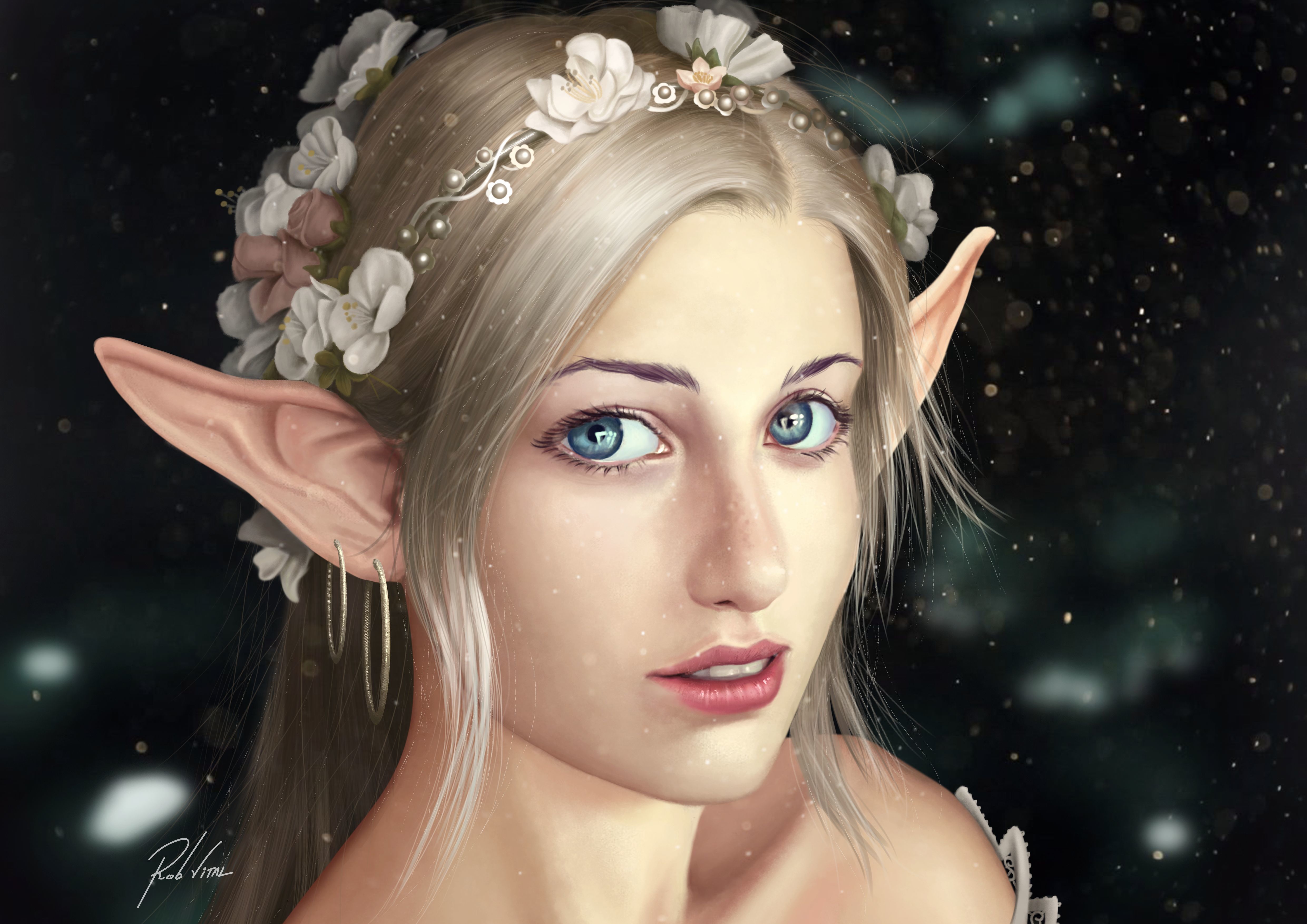 Download mobile wallpaper Fantasy, Blonde, Face, Wreath, Elf, Blue Eyes, Pointed Ears for free.