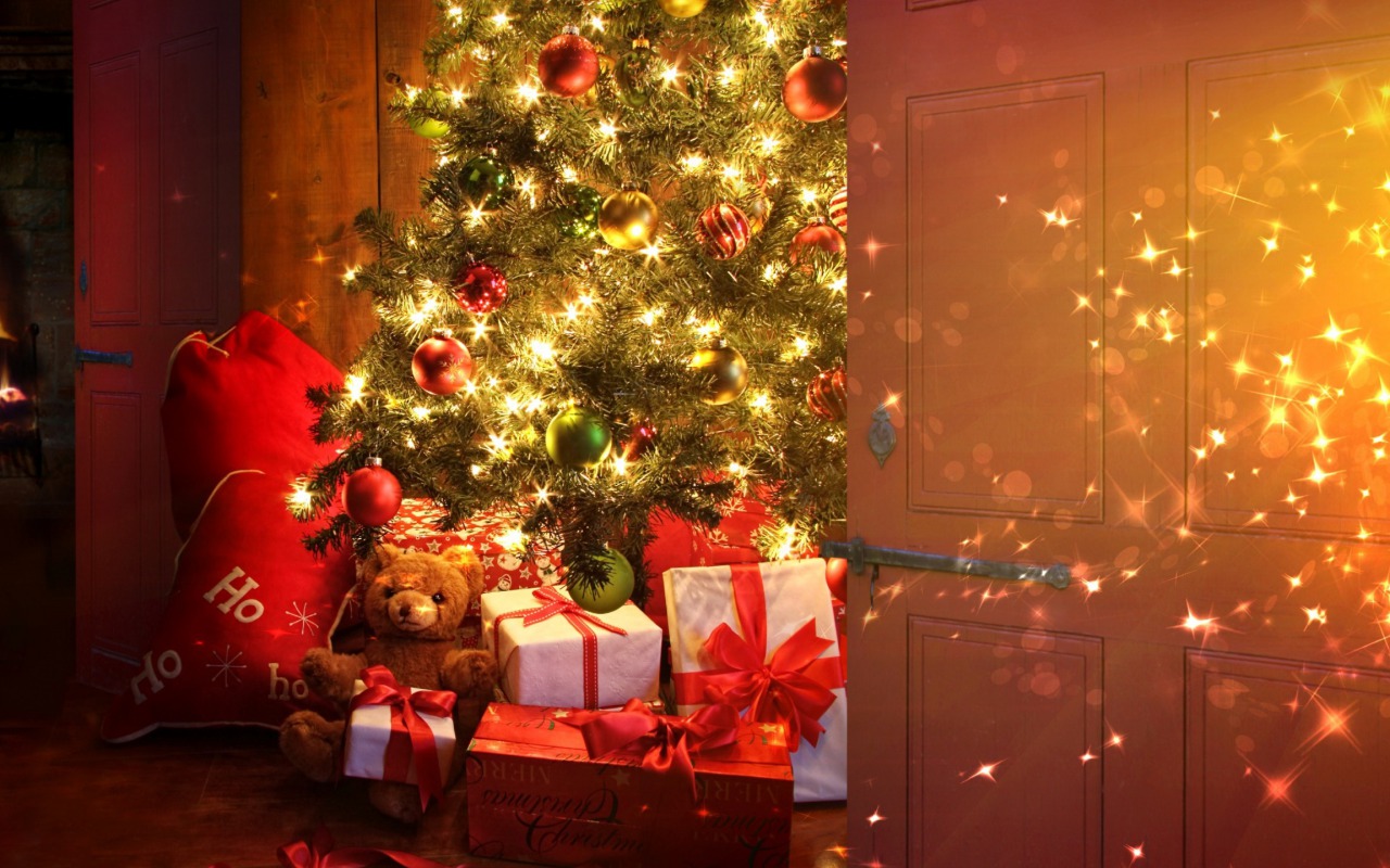 Handy-Wallpaper Feiertage, Weihnachten, Teddybär, Geschenk, Weihnachtsschmuck, Weihnachtsbaum, Weihnachtsbeleuchtung kostenlos herunterladen.