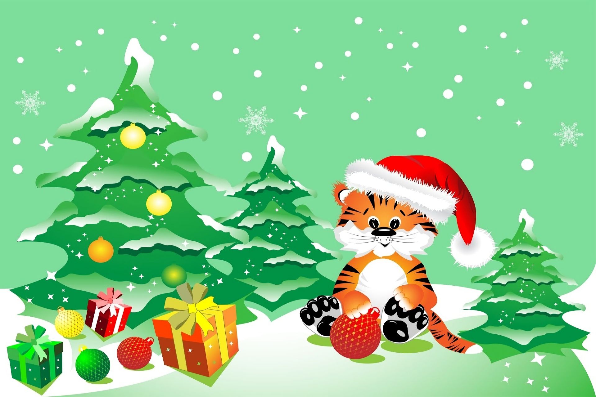 Скачать картинку Снег, Дерево, Рождество, Тигр, Зеленый, Подарки, Праздничные, Шляпа Санты в телефон бесплатно.