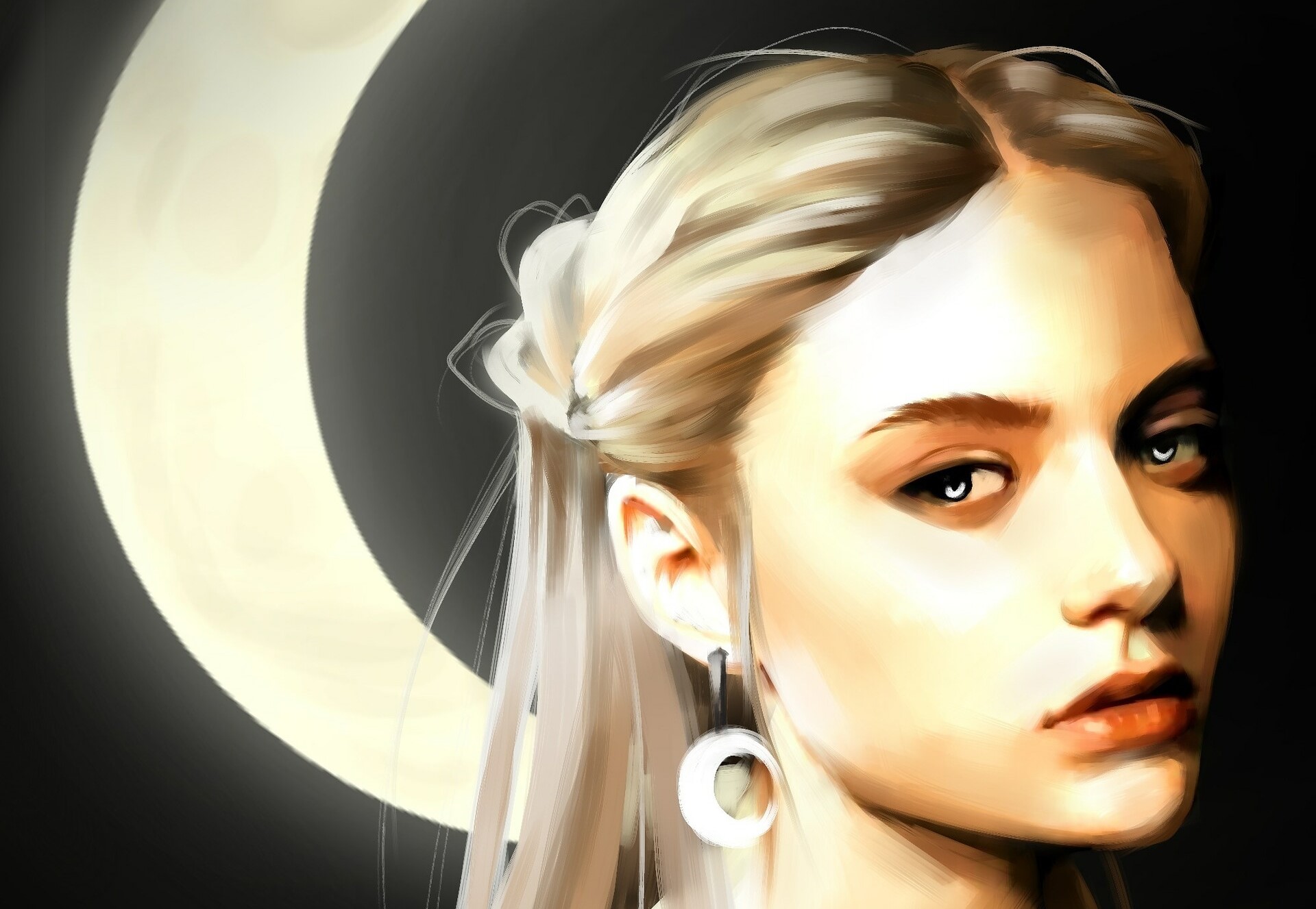 Free download wallpaper Night, Moon, Portrait, Painting, Artistic, Blonde on your PC desktop