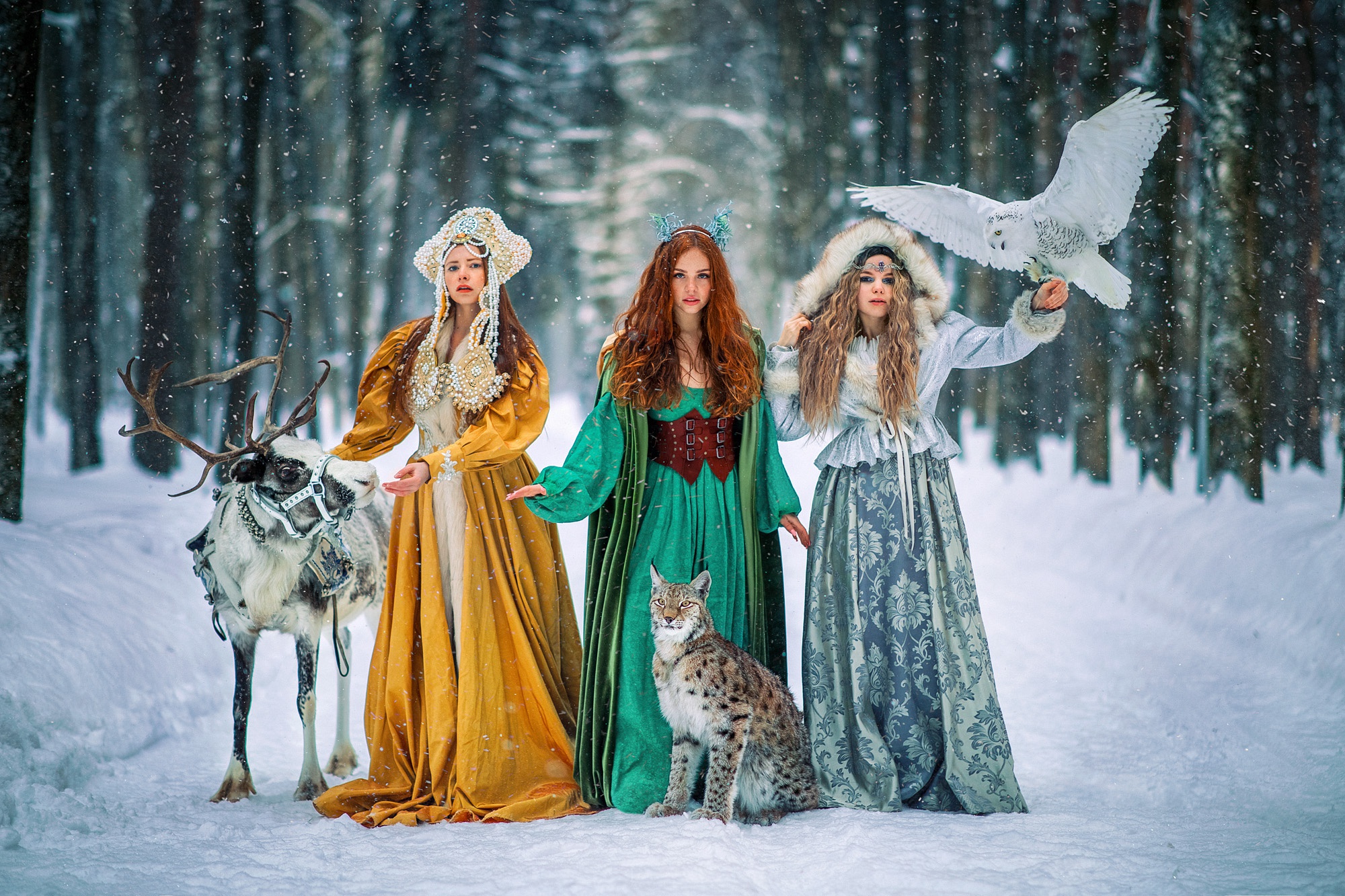 Free download wallpaper Winter, Owl, Redhead, Dress, Model, Women, Lynx, Reindeer on your PC desktop