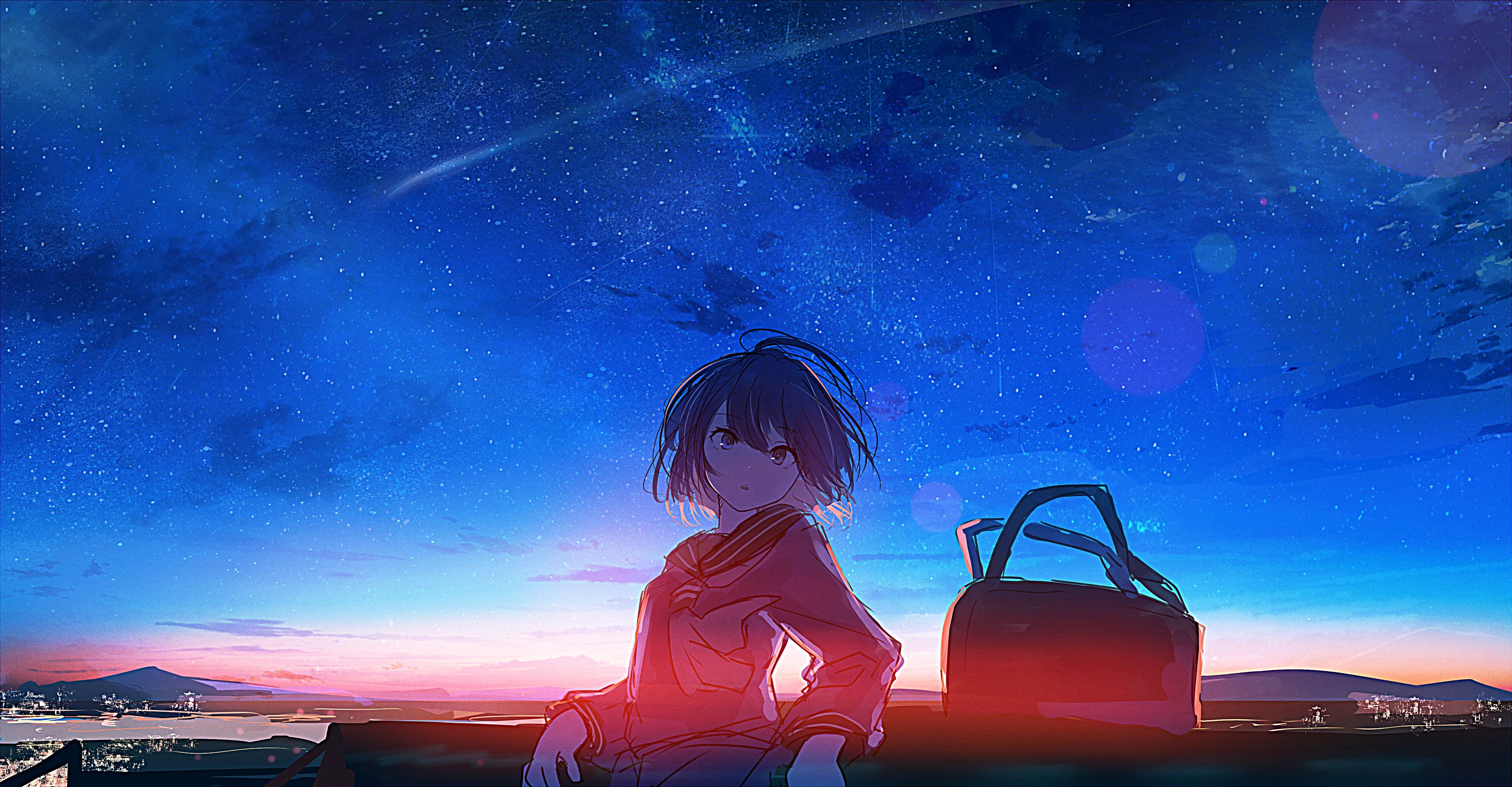 Download mobile wallpaper Anime, Sunset, Starry Sky, Bag, Original for free.