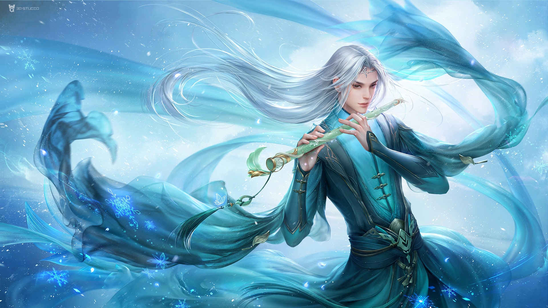 fantasy, sorcerer, flute, magic, oriental, white hair