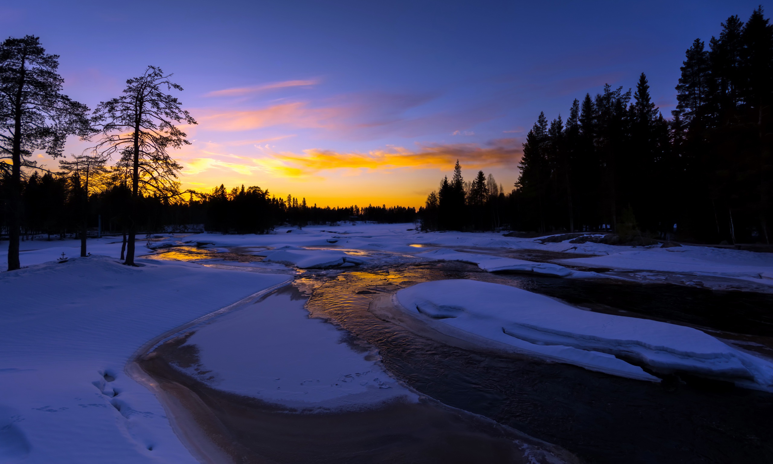 Download mobile wallpaper Landscape, Winter, Nature, Snow, Tree, Sunrise, Earth, River for free.
