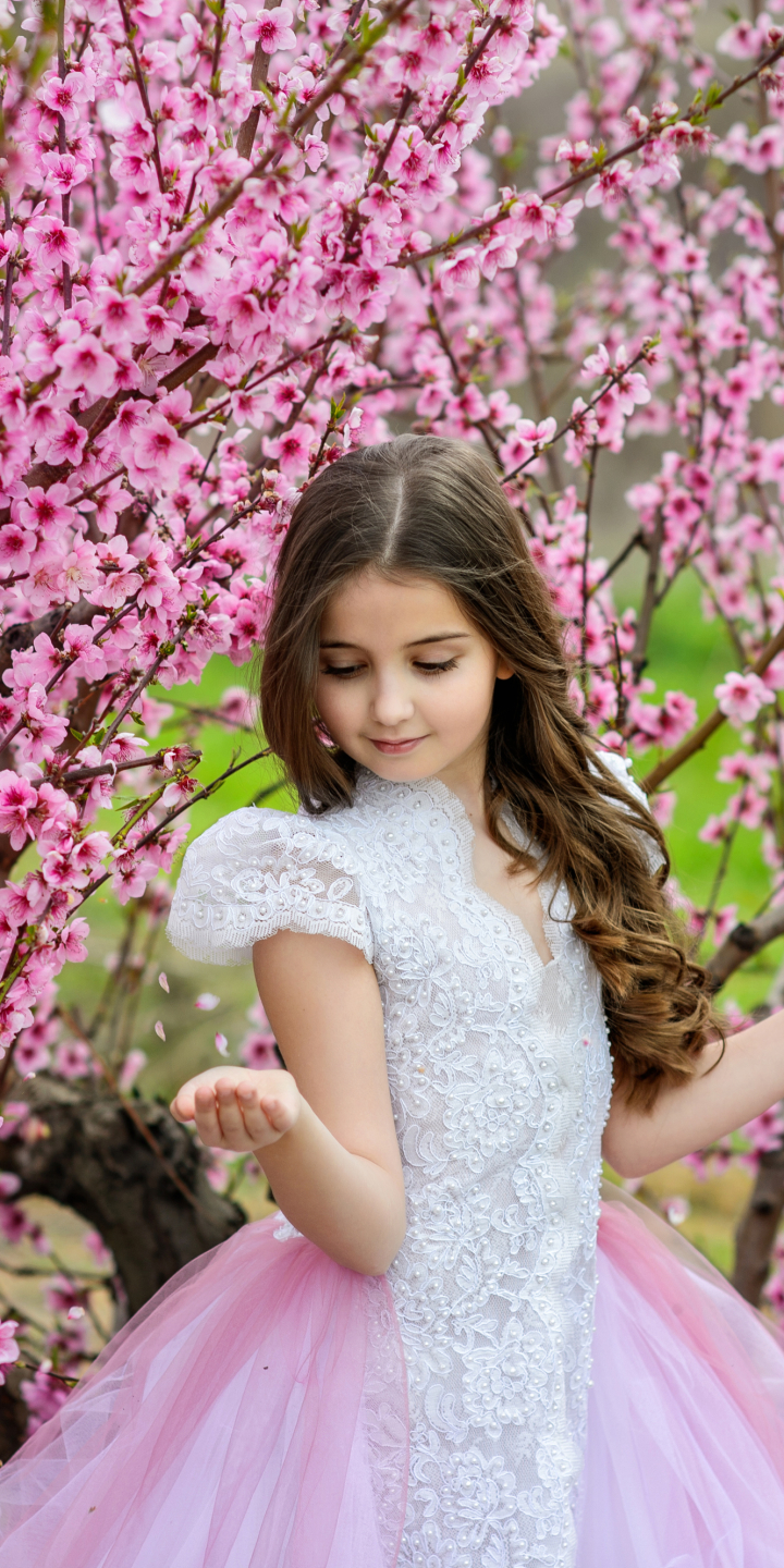 Download mobile wallpaper Child, Photography, Cherry Blossom, Pink Flower for free.