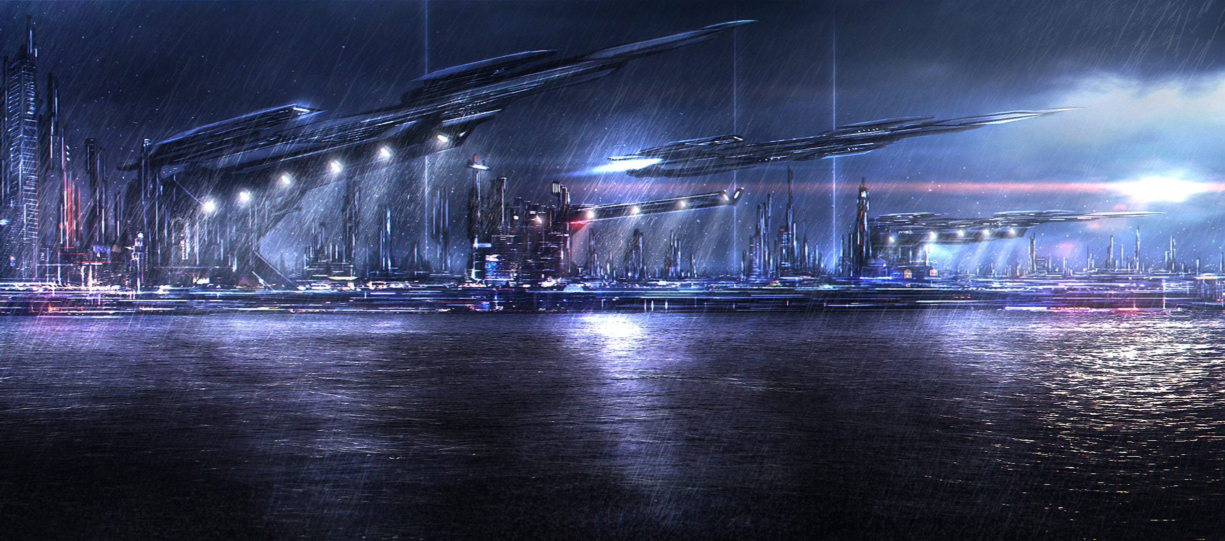 Download mobile wallpaper Rain, Night, City, Building, Sci Fi, Spaceship for free.