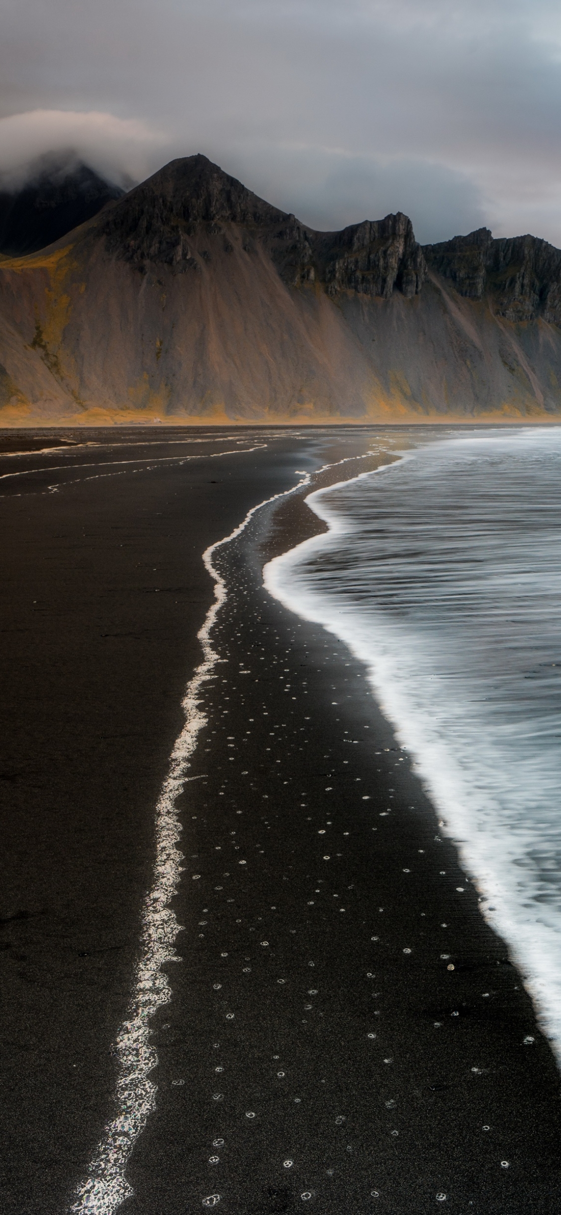 Download mobile wallpaper Nature, Mountains, Beach, Sand, Mountain, Earth, Foam, Iceland, Vestrahorn for free.
