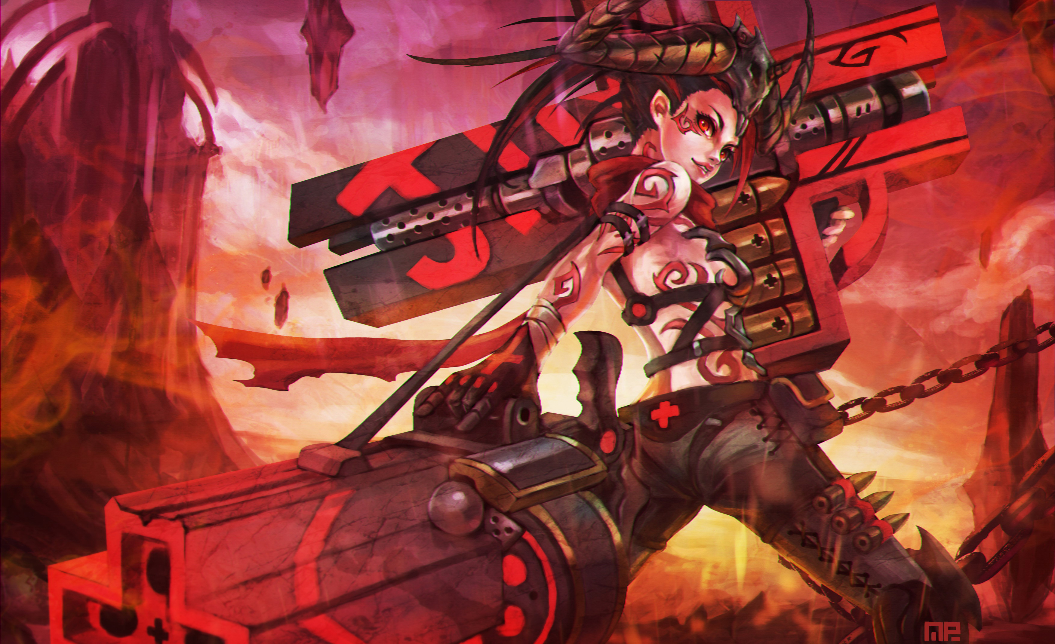 Free download wallpaper Weapon, League Of Legends, Tattoo, Horns, Red Eyes, Video Game, Woman Warrior, Jinx (League Of Legends) on your PC desktop
