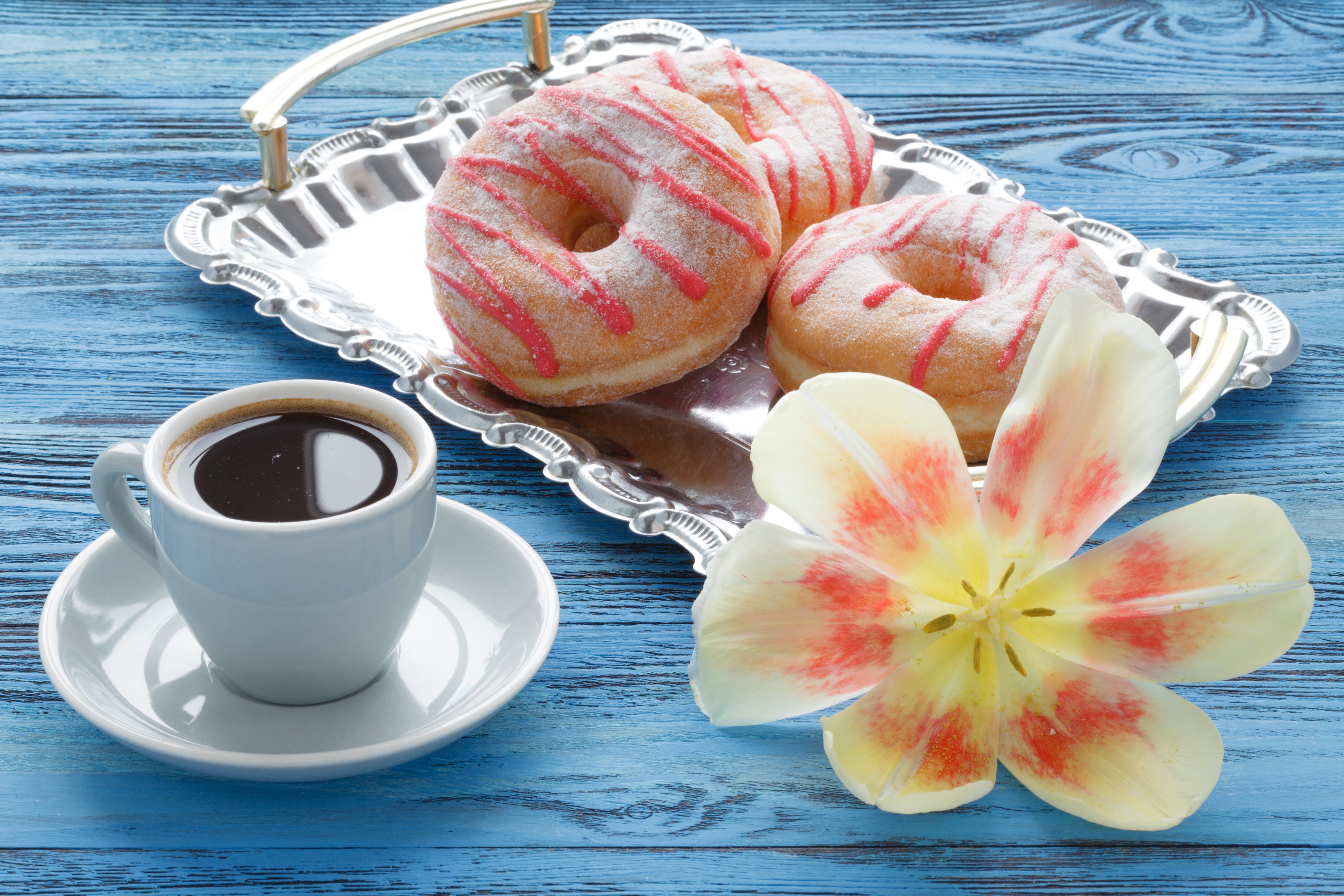 Handy-Wallpaper Blume, Tasse, Nahrungsmittel, Stillleben, Getränk, Kaffee, Donut kostenlos herunterladen.