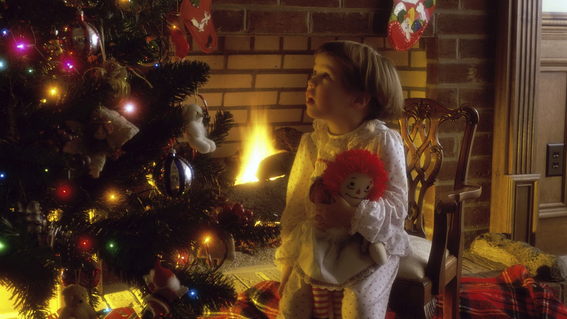holiday, christmas, child, christmas ornaments, doll, fireplace