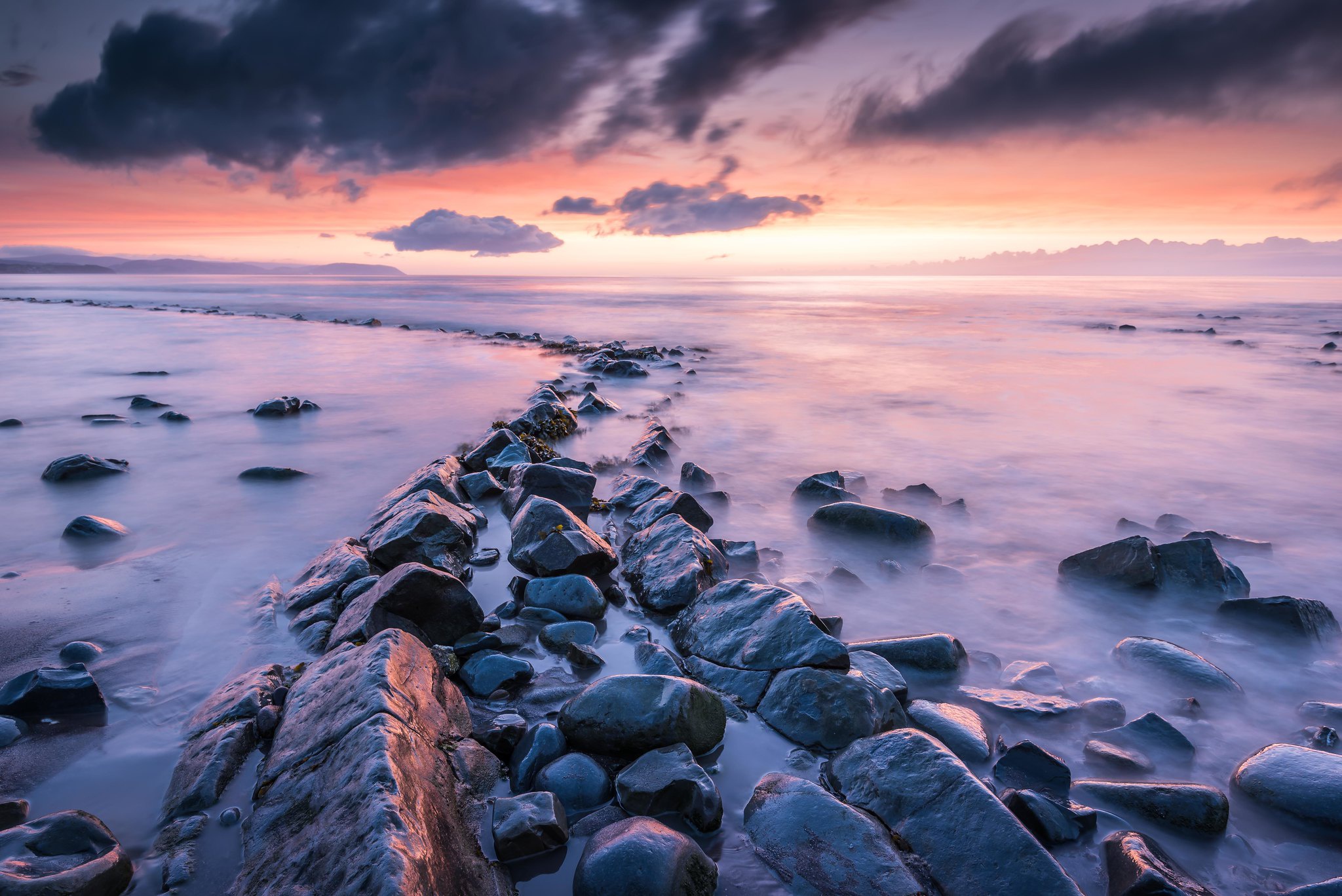 Download mobile wallpaper Nature, Sunset, Sea, Horizon, Ocean, Earth, Stone for free.