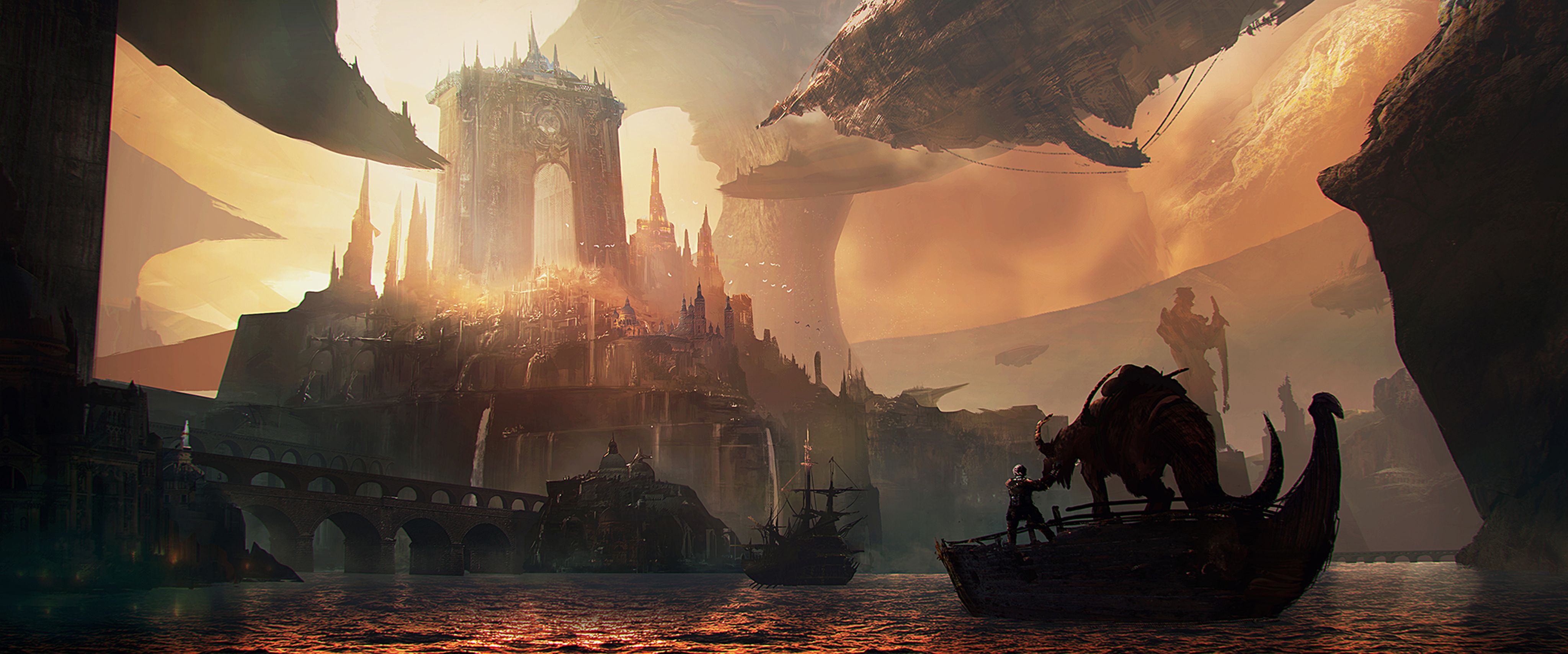 Free download wallpaper Water, Fantasy, City, Building, Ship on your PC desktop