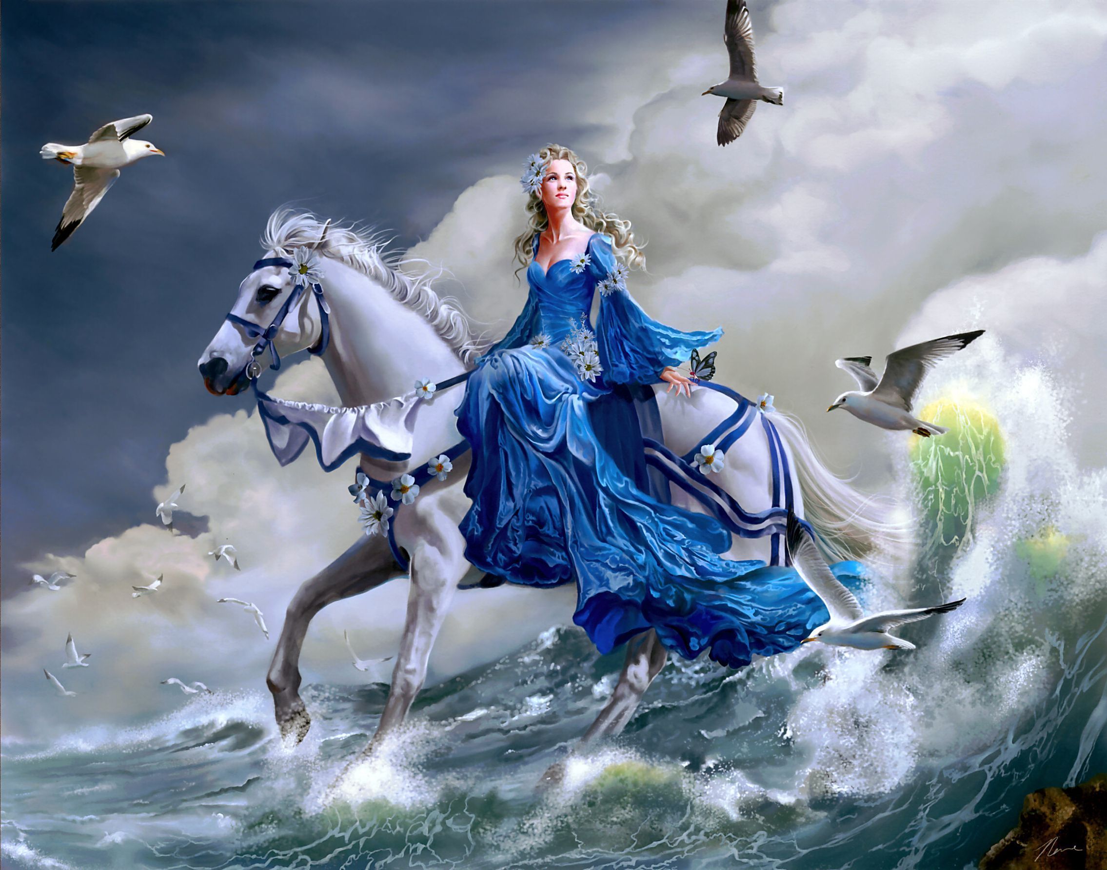 Free download wallpaper Water, Fantasy, Bird, Ocean, Artistic, Horse, Blonde on your PC desktop