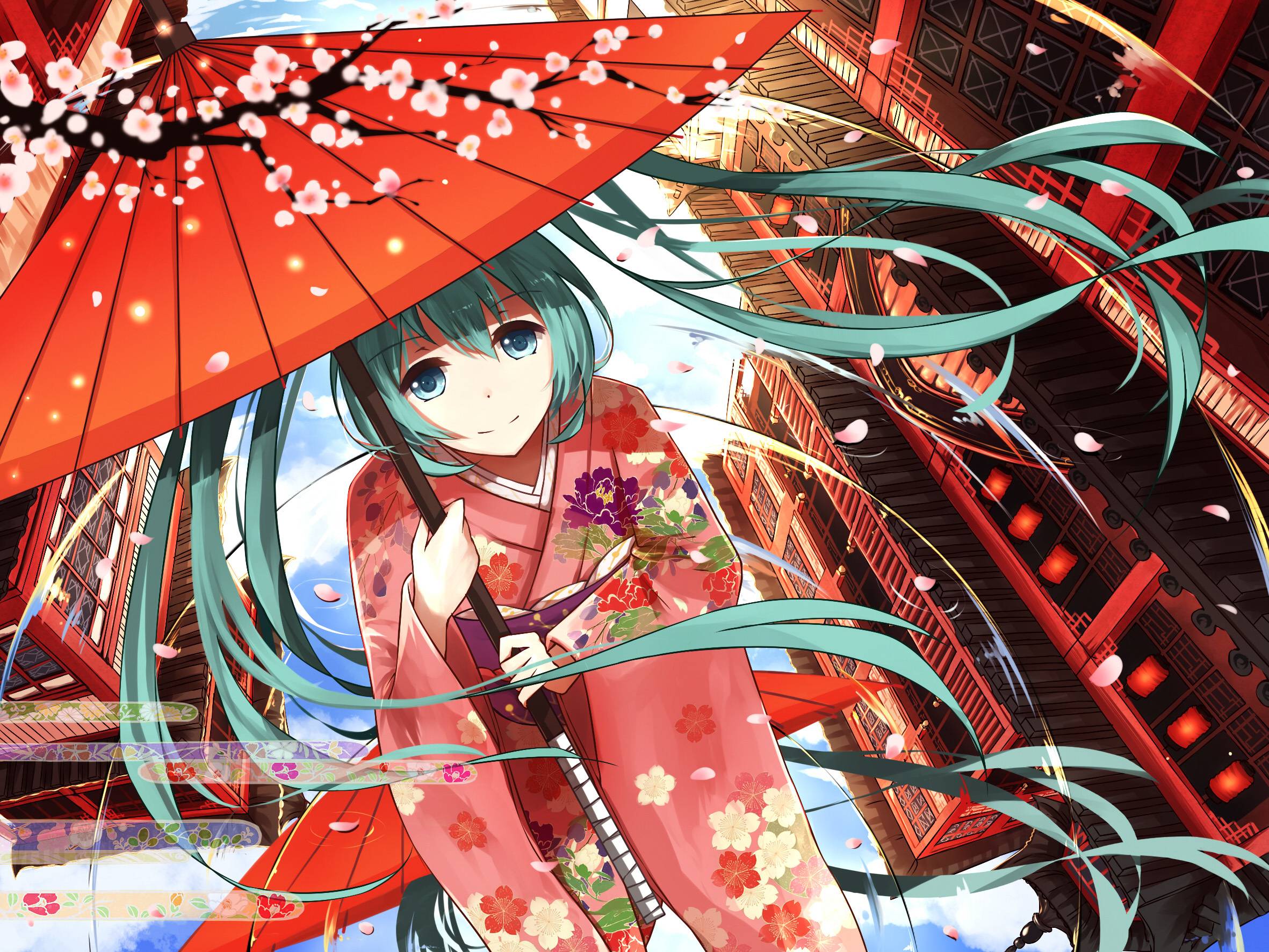 Download mobile wallpaper Anime, Umbrella, Vocaloid, Kimono, Petal, Blue Eyes, Blue Hair, Hatsune Miku, Long Hair for free.