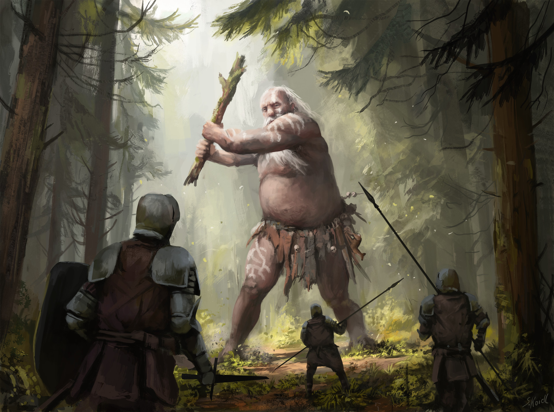 Download mobile wallpaper Fantasy, Forest, Warrior, Monster, Knight, Giant, Lance for free.