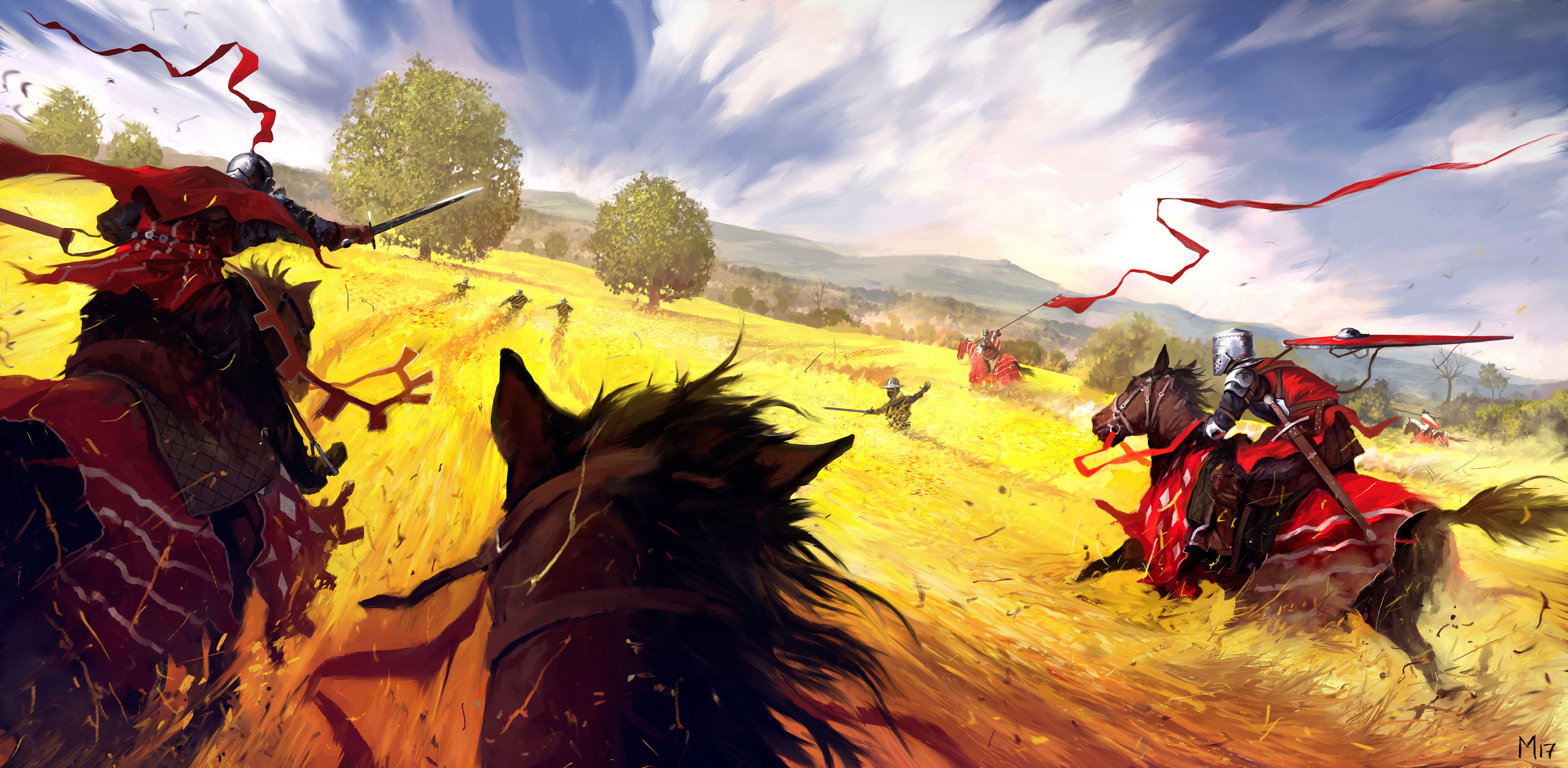 Free download wallpaper Fantasy, Field, Warrior, Horse, Knight, Sword on your PC desktop