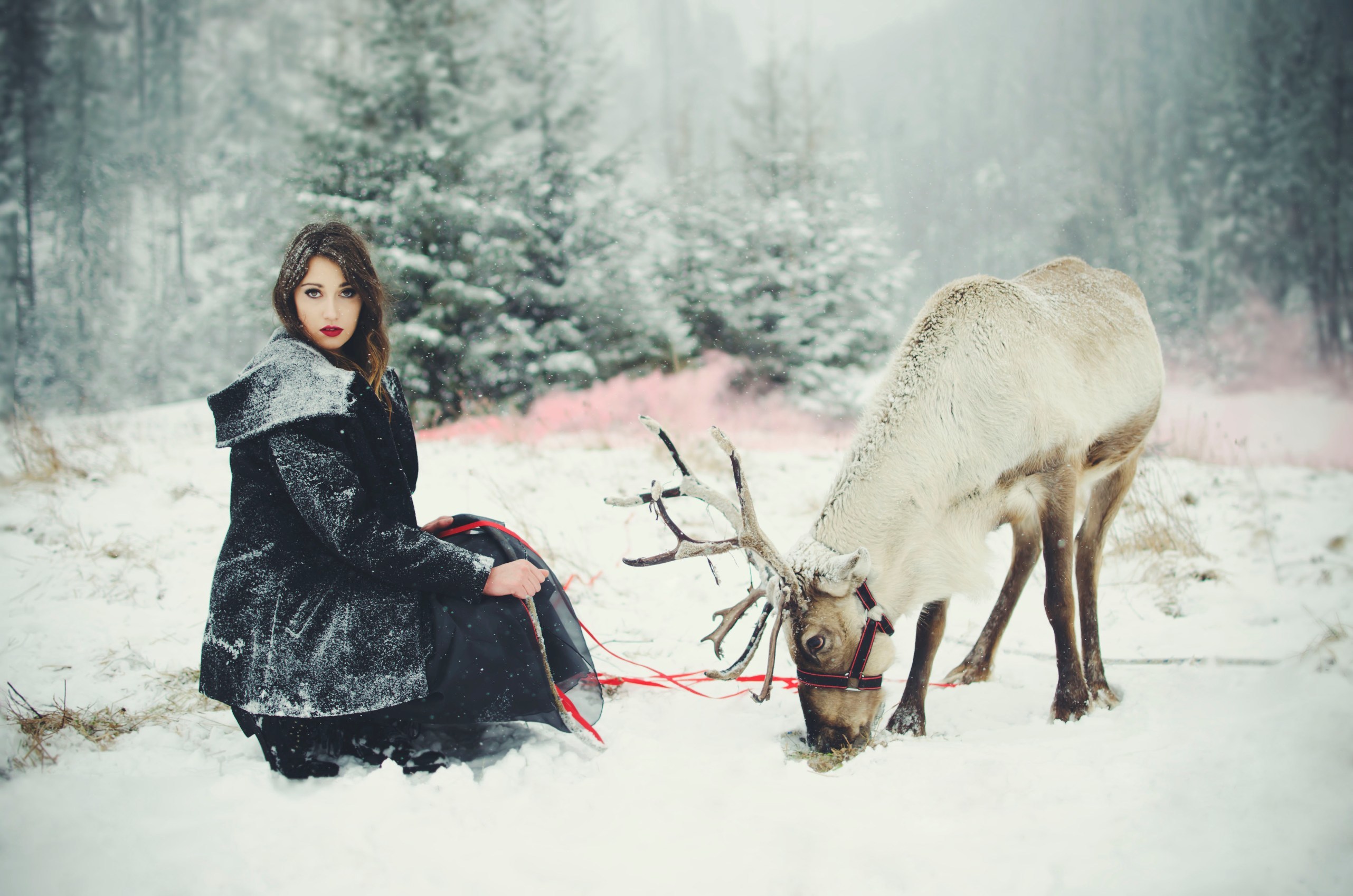 Download mobile wallpaper Winter, Snow, Mood, Brunette, Model, Women, Snowfall, Lipstick, Reindeer for free.