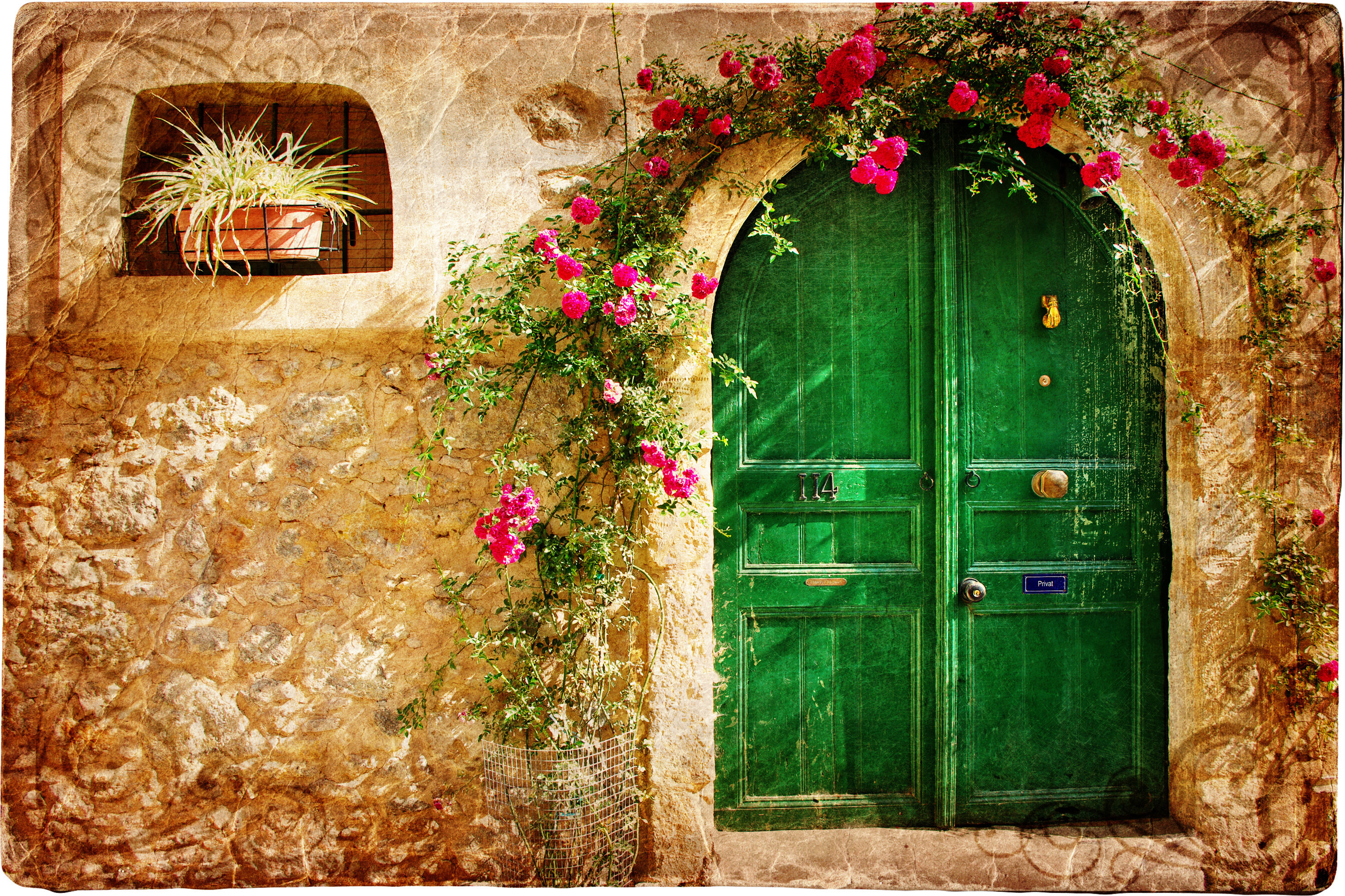 572329 baixar imagens fachada, casa, feito pelo homem, porta, flor, flor rosa, pedra - papéis de parede e protetores de tela gratuitamente