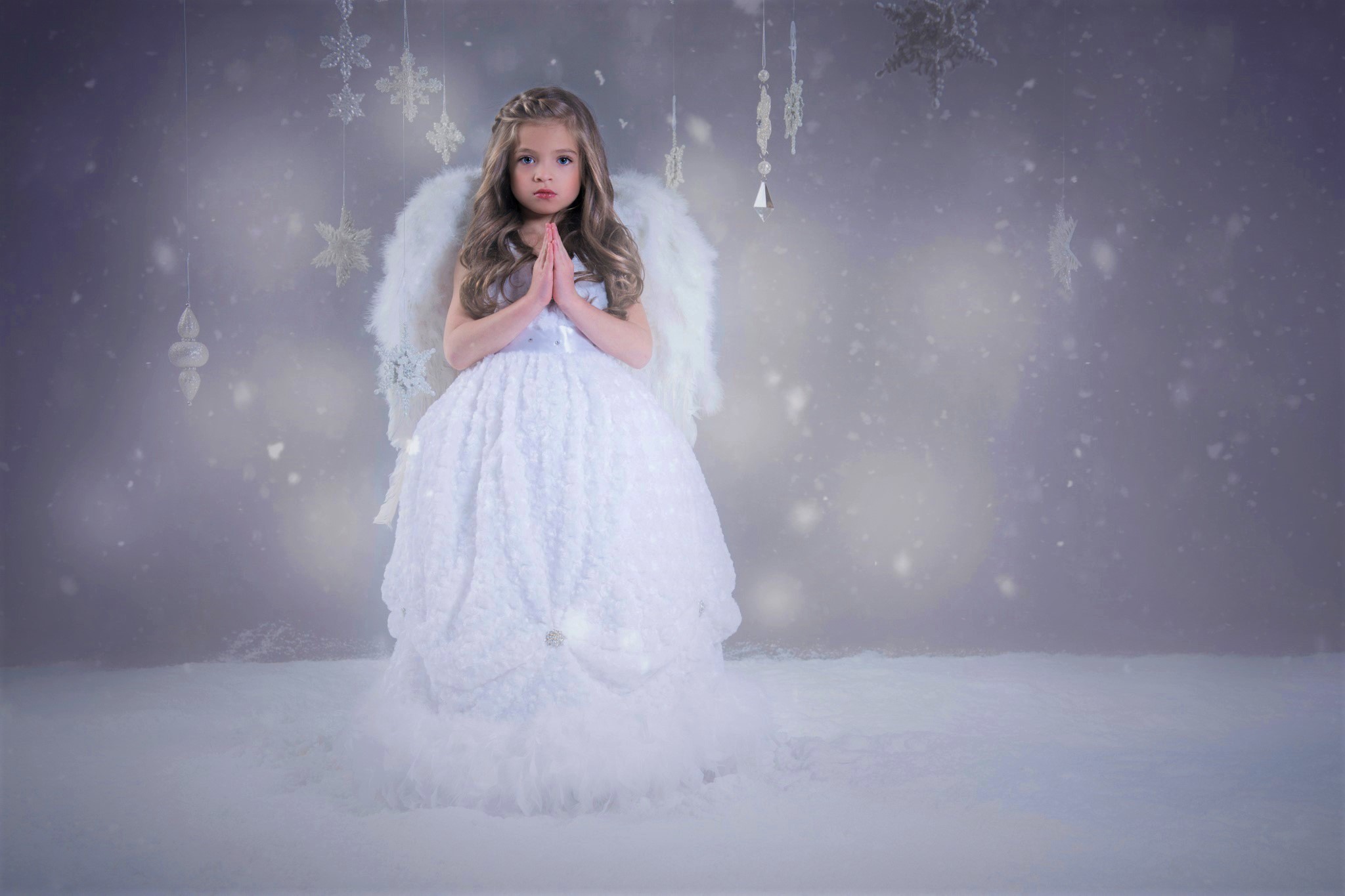 Download mobile wallpaper Winter, Wings, Angel, Child, Snowflake, Photography, Little Girl for free.