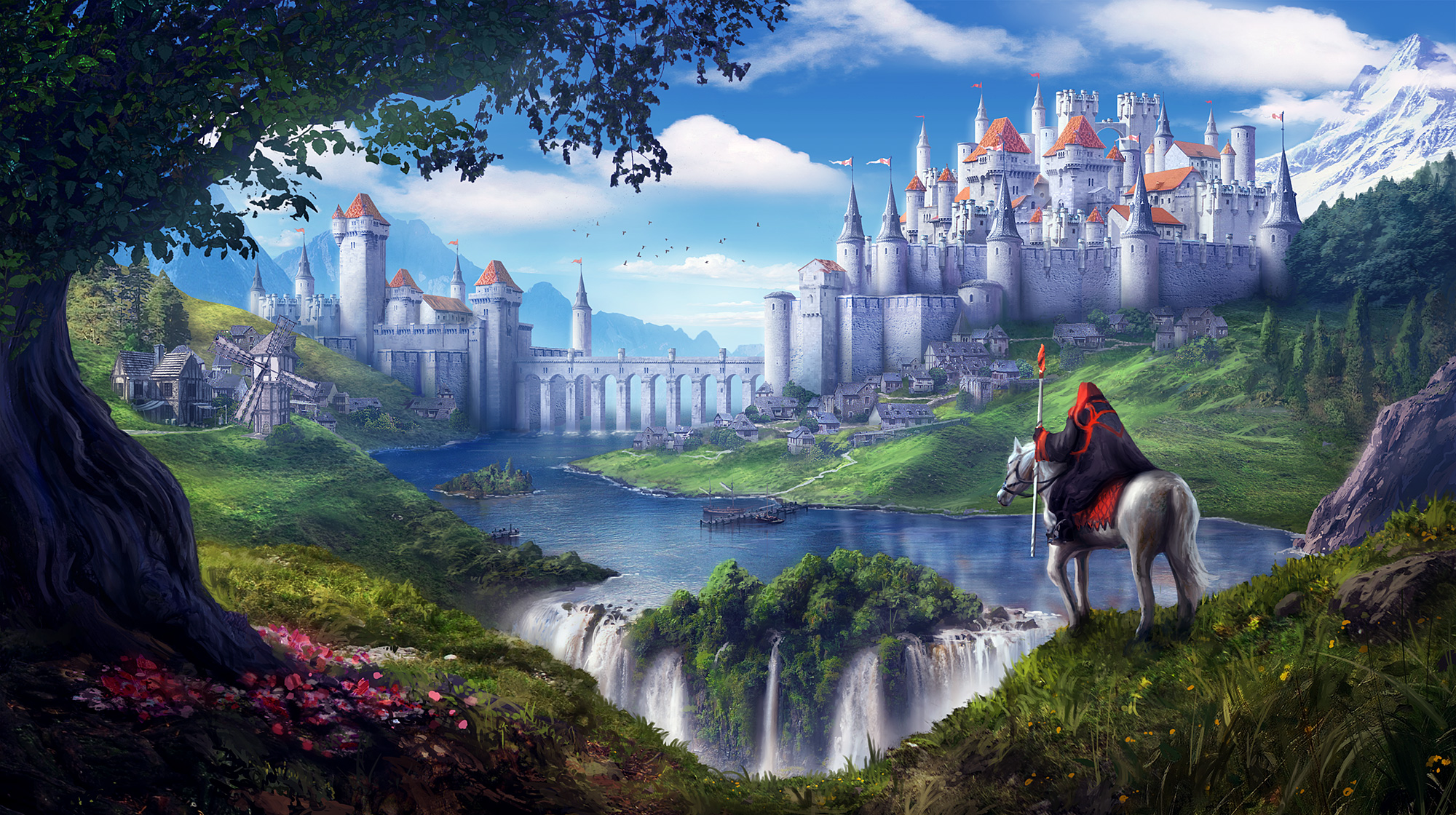 Free download wallpaper Landscape, Fantasy, Castles, Waterfall, Horse, River, Town, Wizard, Castle on your PC desktop