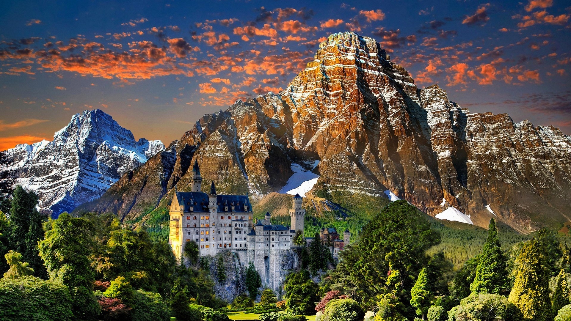 Laden Sie das Landschaft, Schlösser, Wald, Baum, Gebirge, Deutschland, Schloss Neuschwanstein, Menschengemacht-Bild kostenlos auf Ihren PC-Desktop herunter
