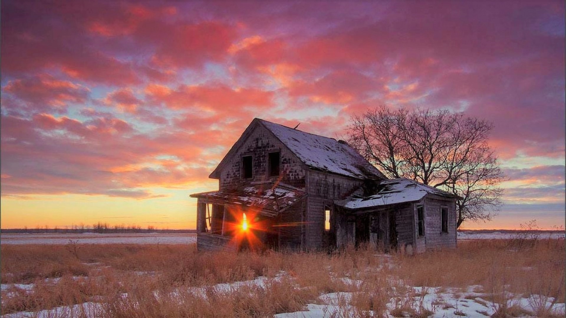 Free download wallpaper Sunset, Sky, House, Field, Ruin, Man Made on your PC desktop