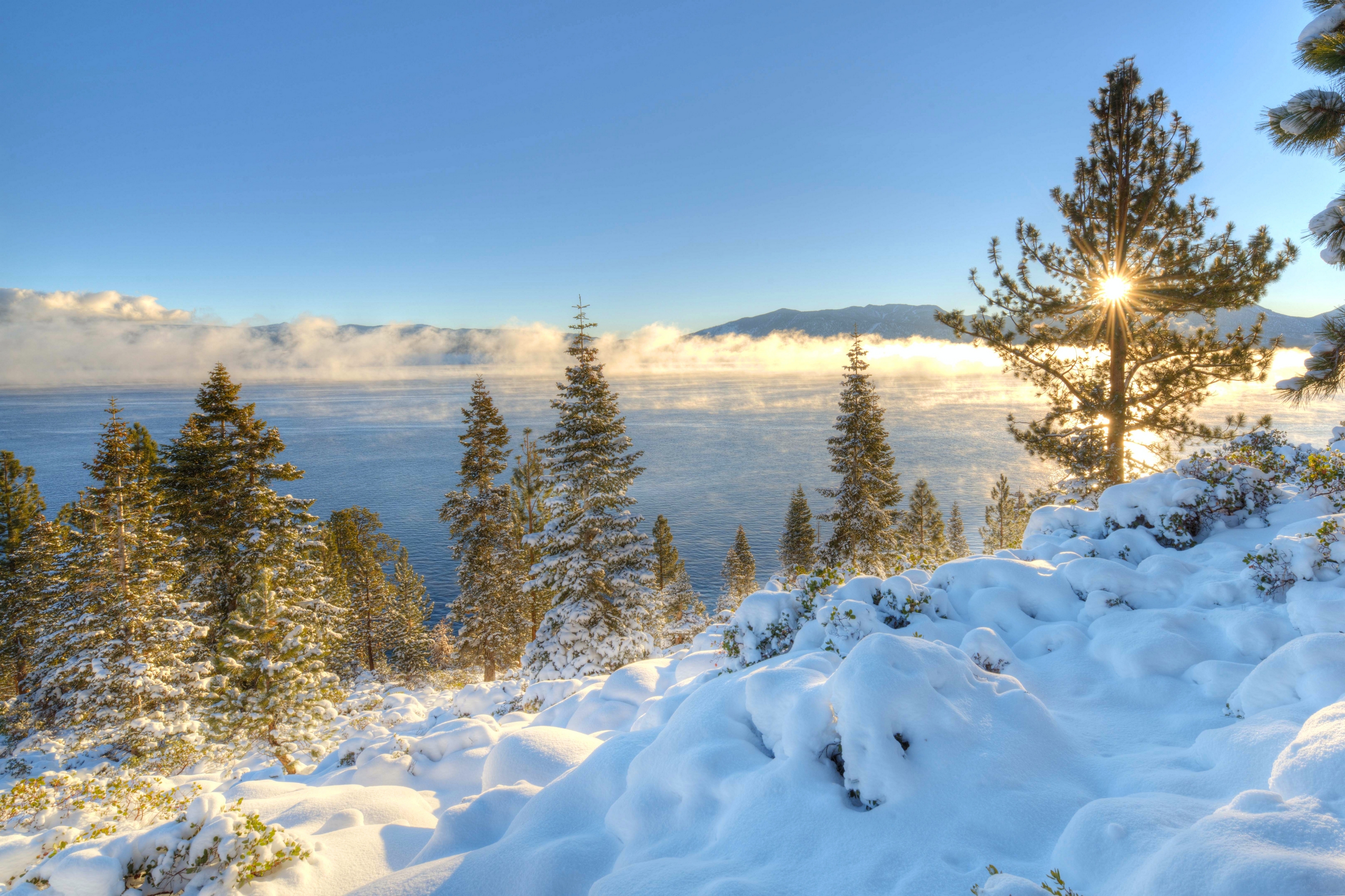 373410 Hintergrundbild herunterladen erde/natur, lake tahoe, kalifornien, see, natur, nevada, schnee, sonnenaufgang, winter, seen - Bildschirmschoner und Bilder kostenlos