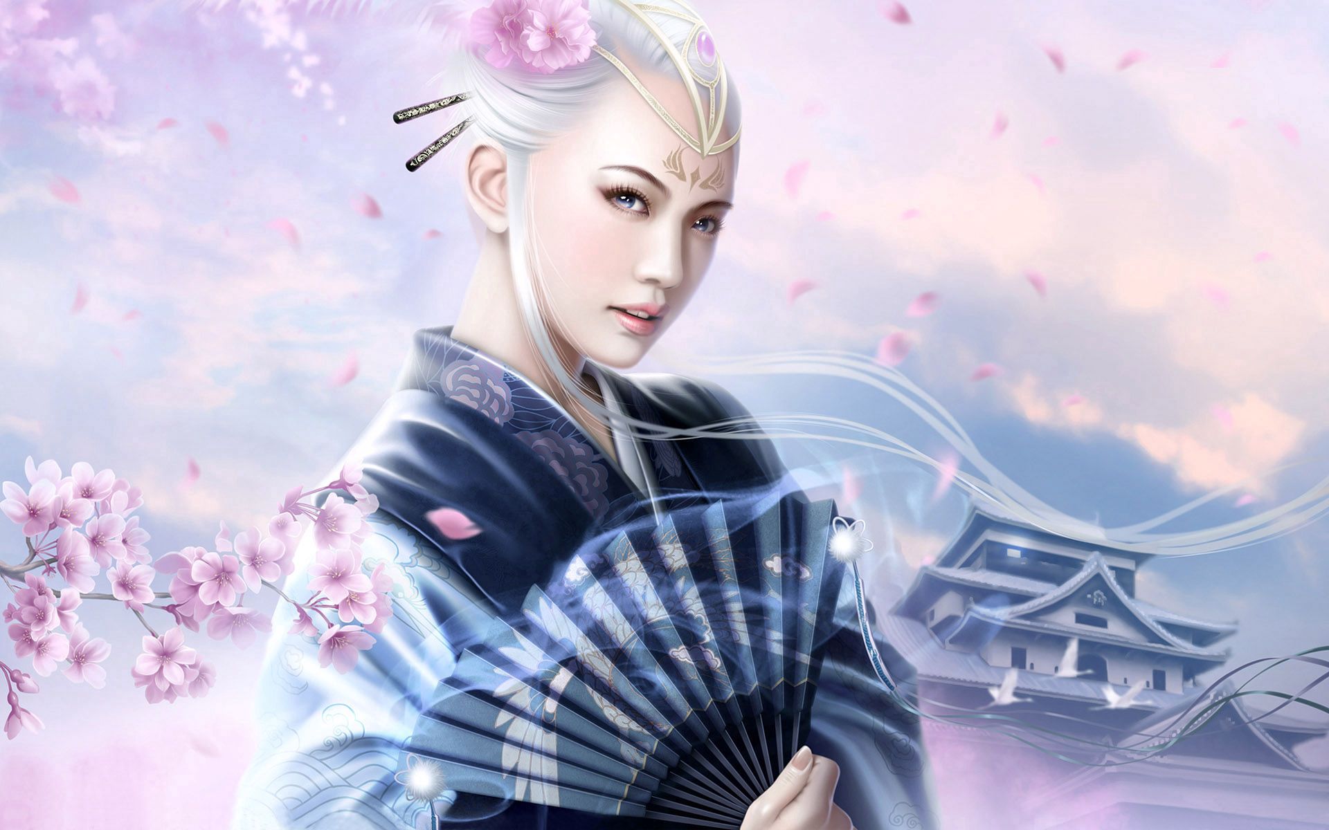 66149 descargar imagen fantasía, sakura, niña, muchacha, kimono, quimono, ventilador, abanicar: fondos de pantalla y protectores de pantalla gratis