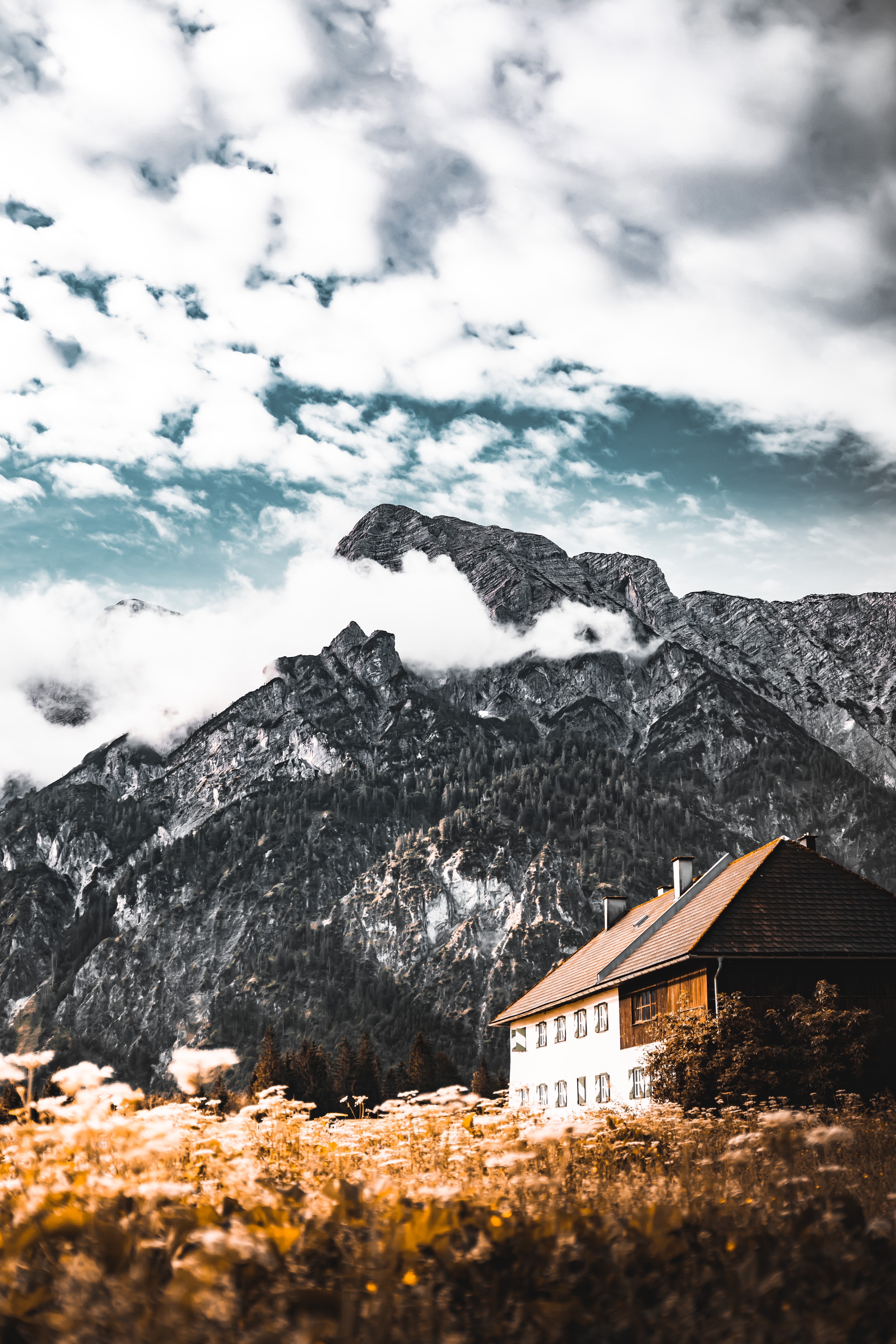 Download mobile wallpaper Vertex, Top, Clouds, Mountain, Nature, House for free.