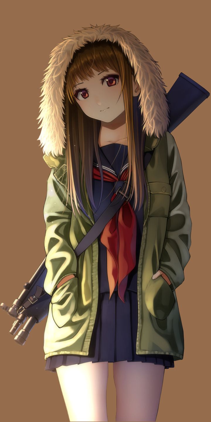 Download mobile wallpaper Anime, Coat, Original, School Uniform, Gun, Long Hair, Brown Hair for free.