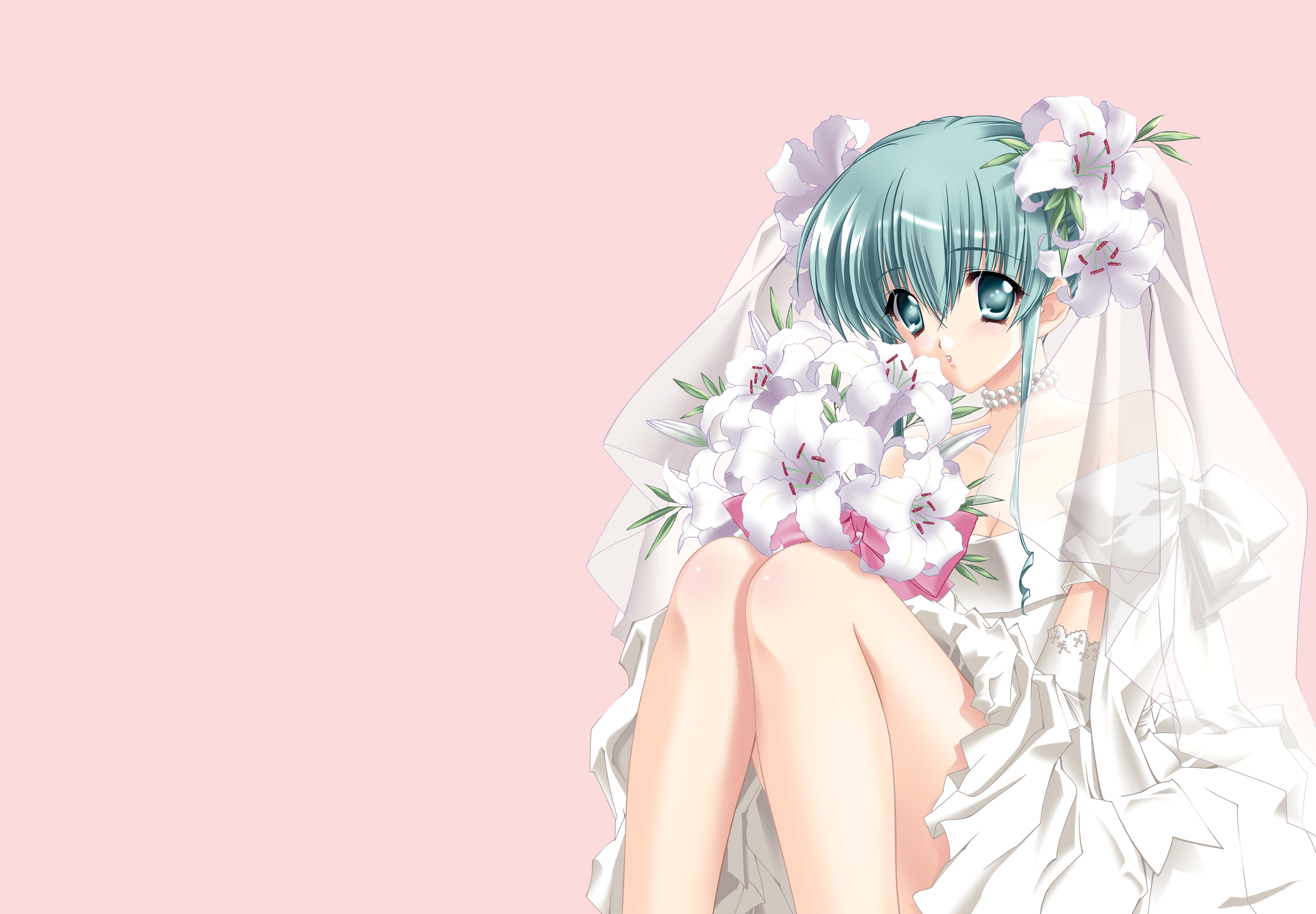 Download mobile wallpaper Anime, Flower, Veil, Green Hair, Green Eyes, Original, Blush, Wedding Dress, Short Hair for free.