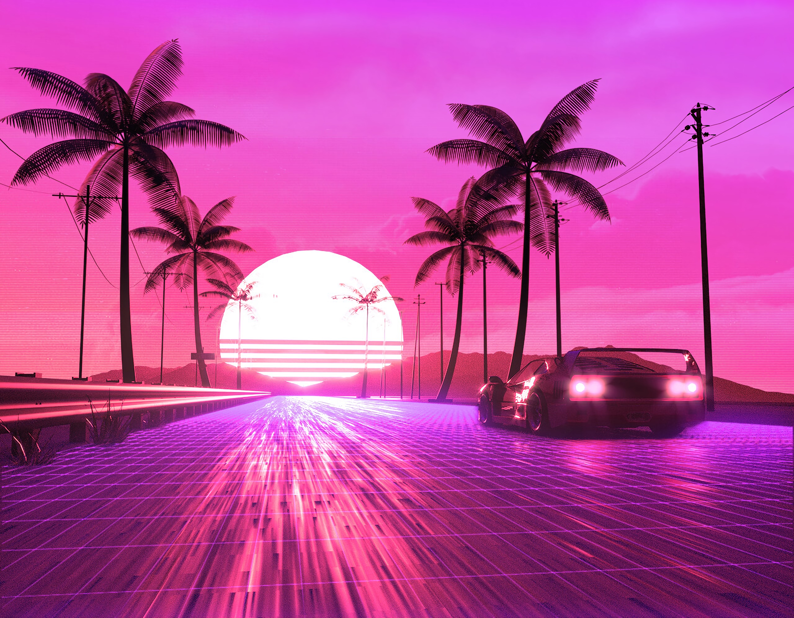 Download mobile wallpaper Sun, Pink, Car, Artistic, Palm Tree, Retro Wave for free.