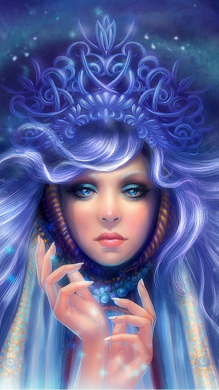 Download mobile wallpaper Fantasy, Crown, Women, Blue Eyes, Blue Hair for free.