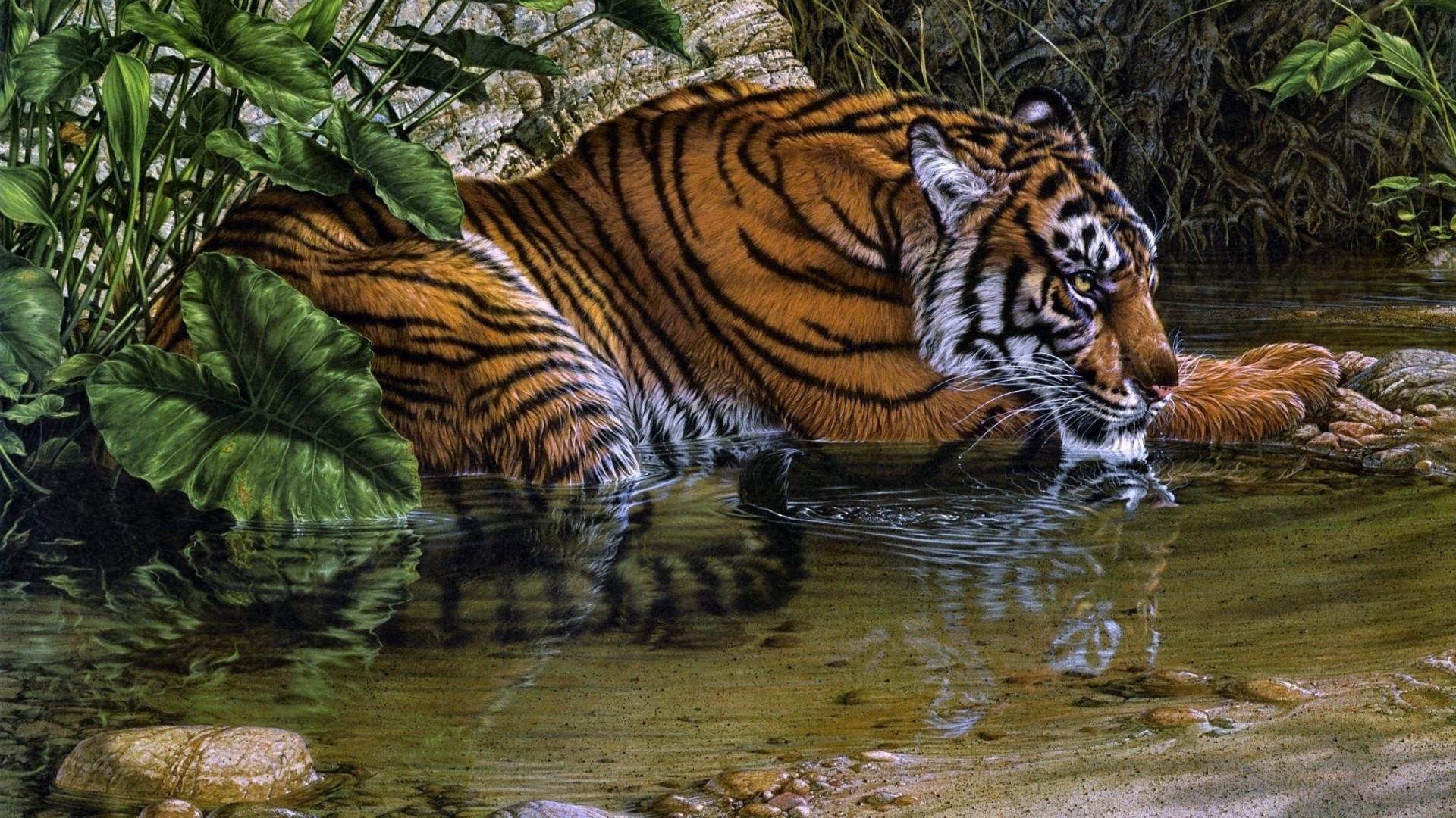 Download mobile wallpaper Leaf, Tiger, Painting, Pond, Artistic for free.