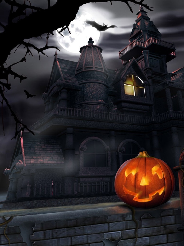 Download mobile wallpaper Halloween, Pumpkin, Holiday, Bat, Castle for free.