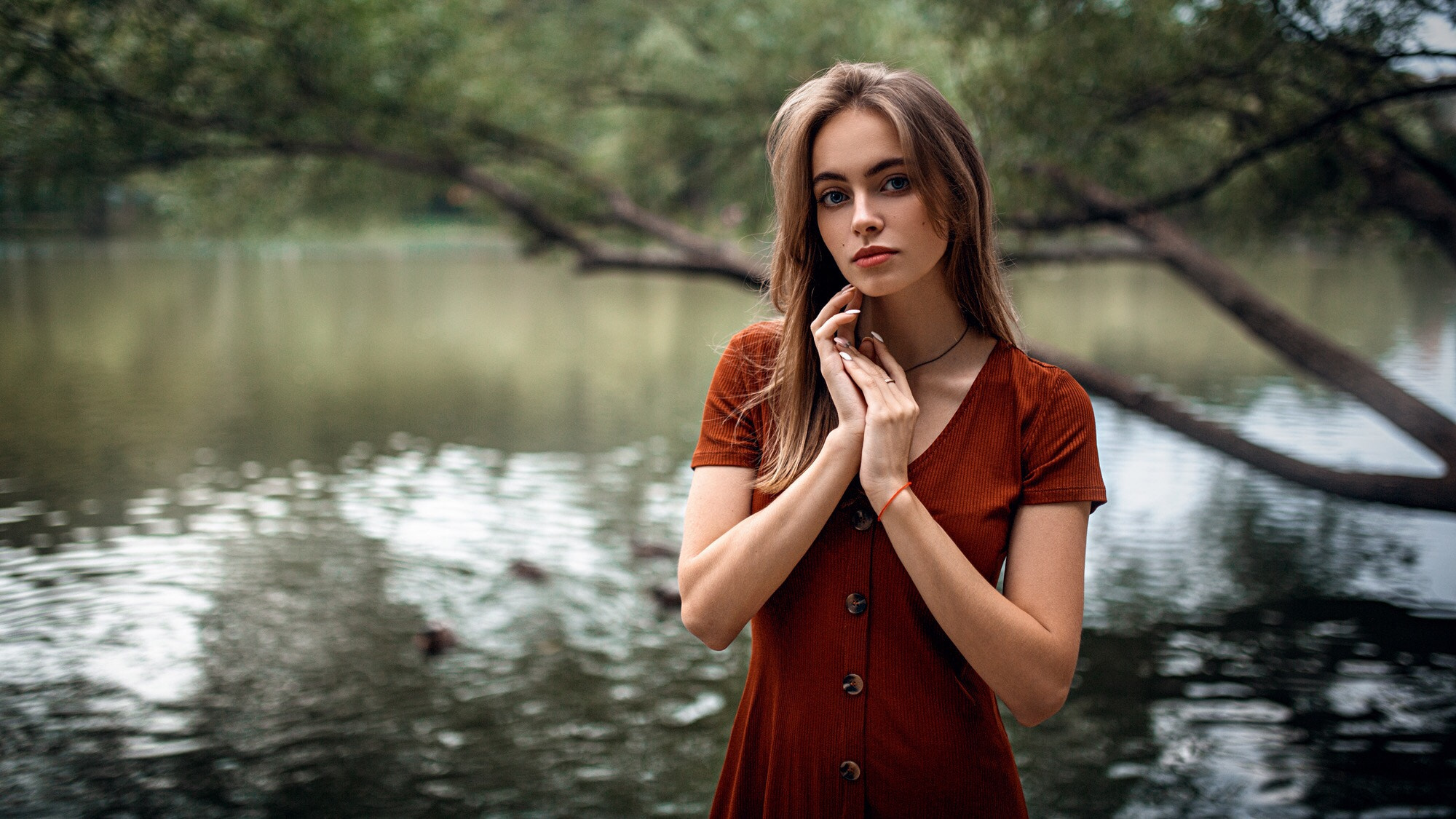 Download mobile wallpaper Brunette, Model, Women, Blue Eyes, Depth Of Field for free.