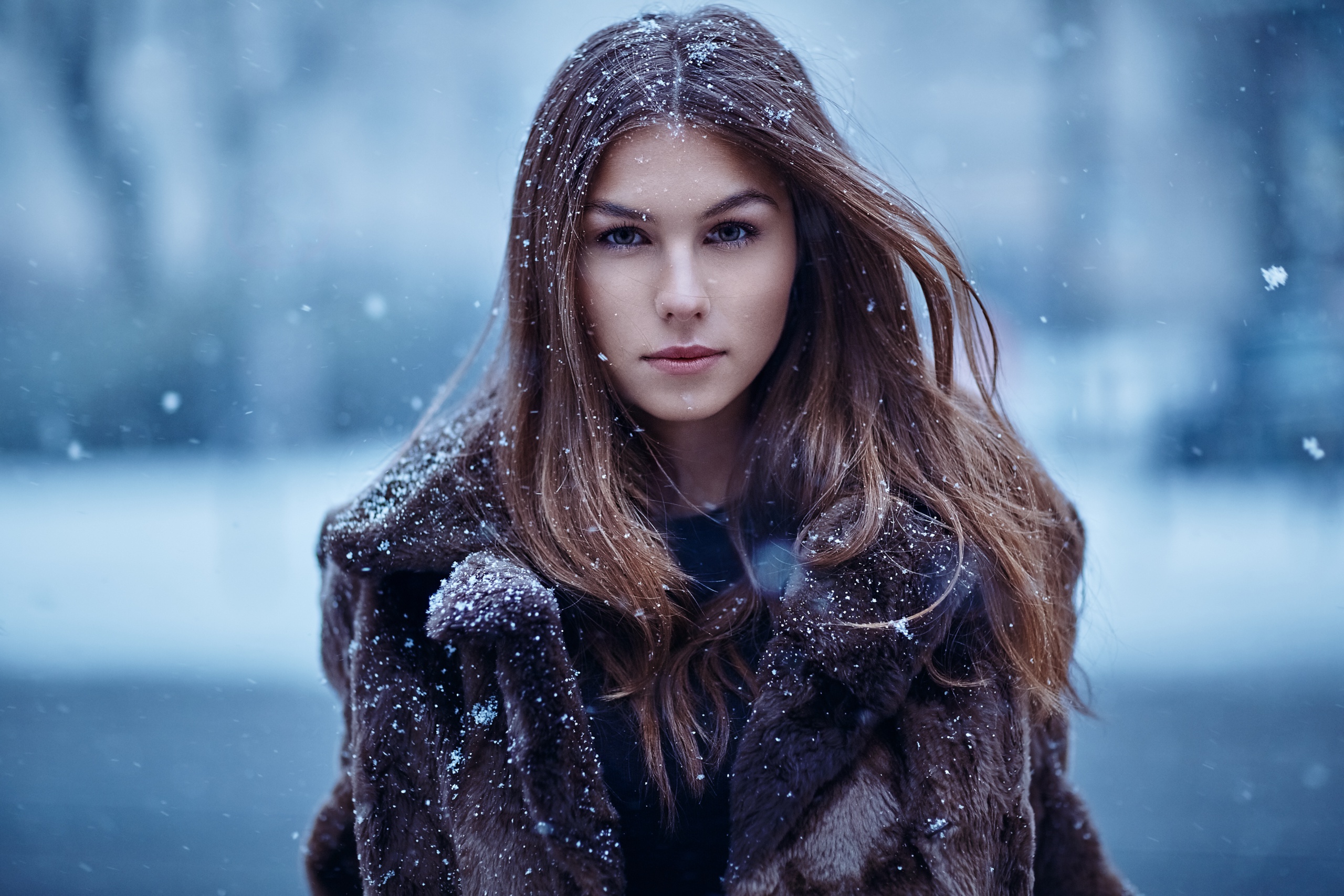 Download mobile wallpaper Winter, Brunette, Model, Women, Snowfall, Long Hair for free.