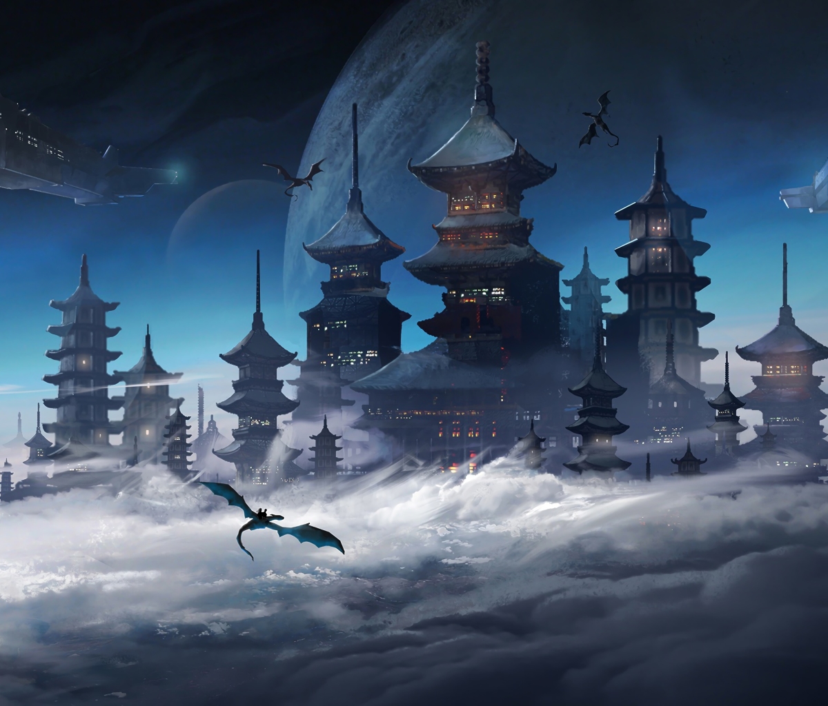 Free download wallpaper Fantasy, City, Building, Dragon, Sci Fi, Spaceship, Cloud, Japanese, Castle on your PC desktop