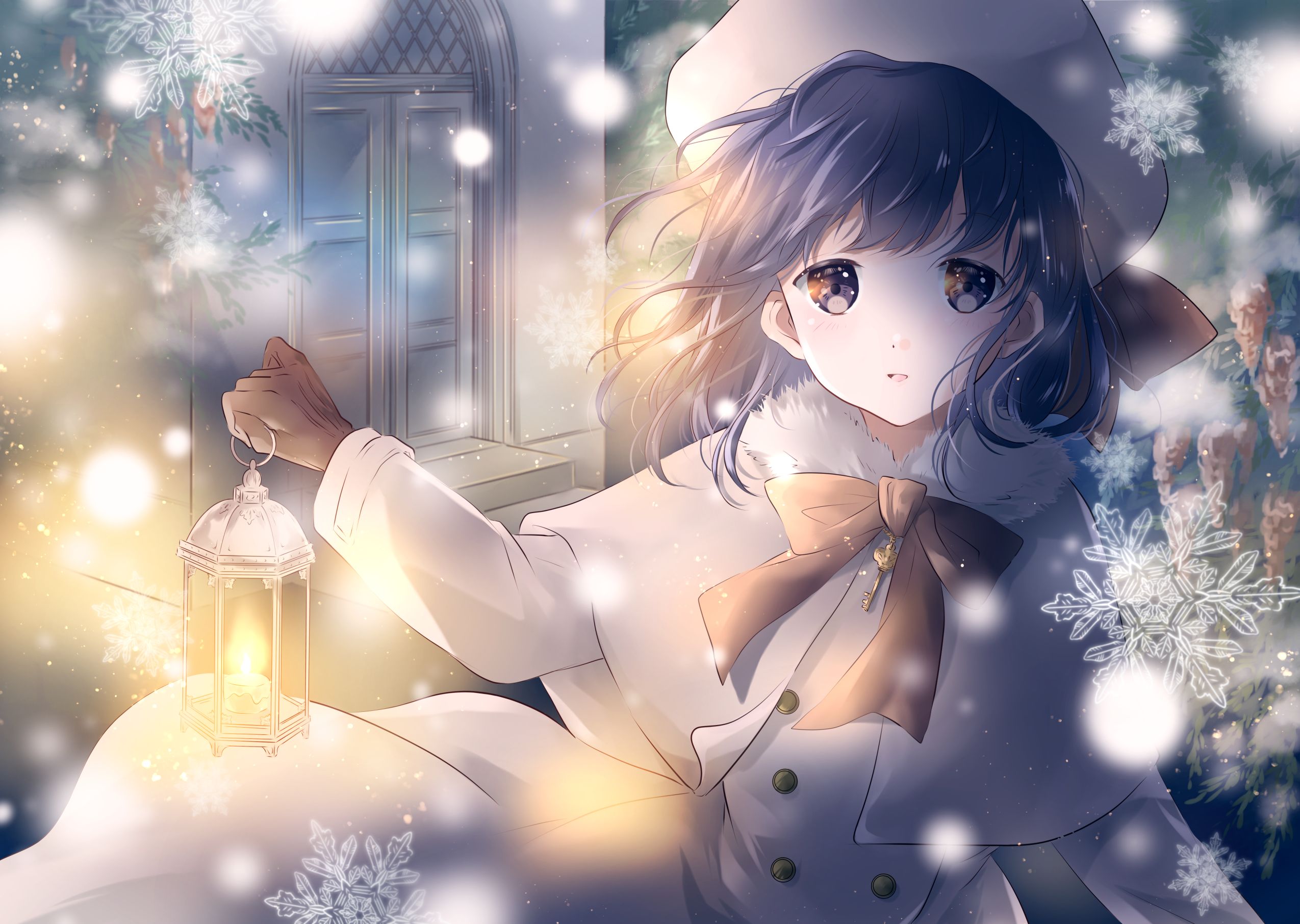 Free download wallpaper Anime, Winter, Snow, Lantern, Original on your PC desktop