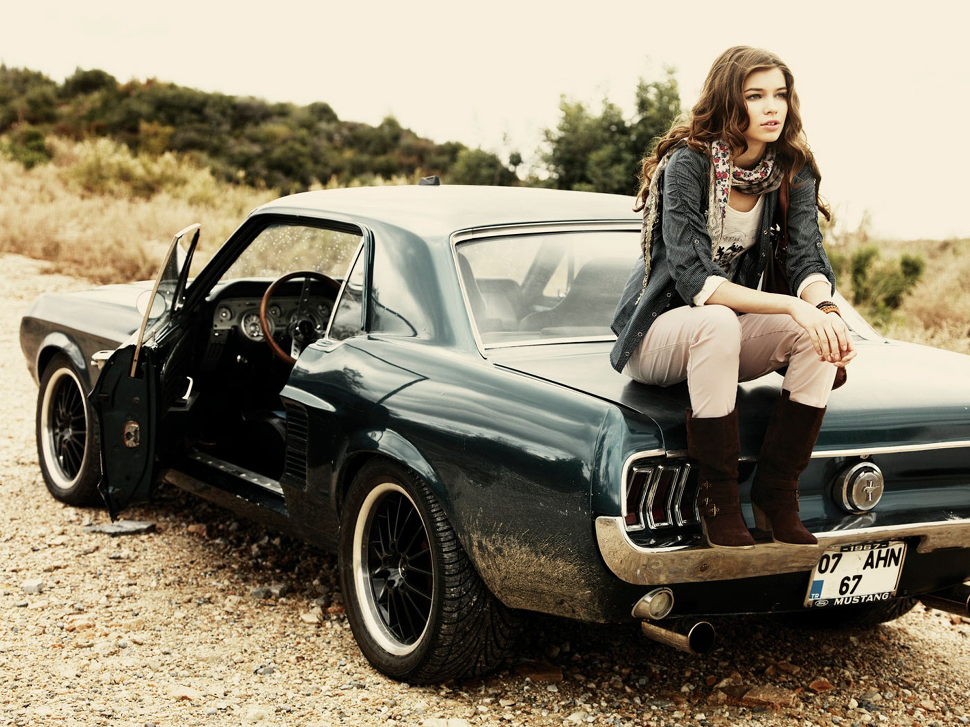 Download mobile wallpaper Ford, Ford Mustang, Brunette, Women, Classic Car, Iulia Carstea for free.