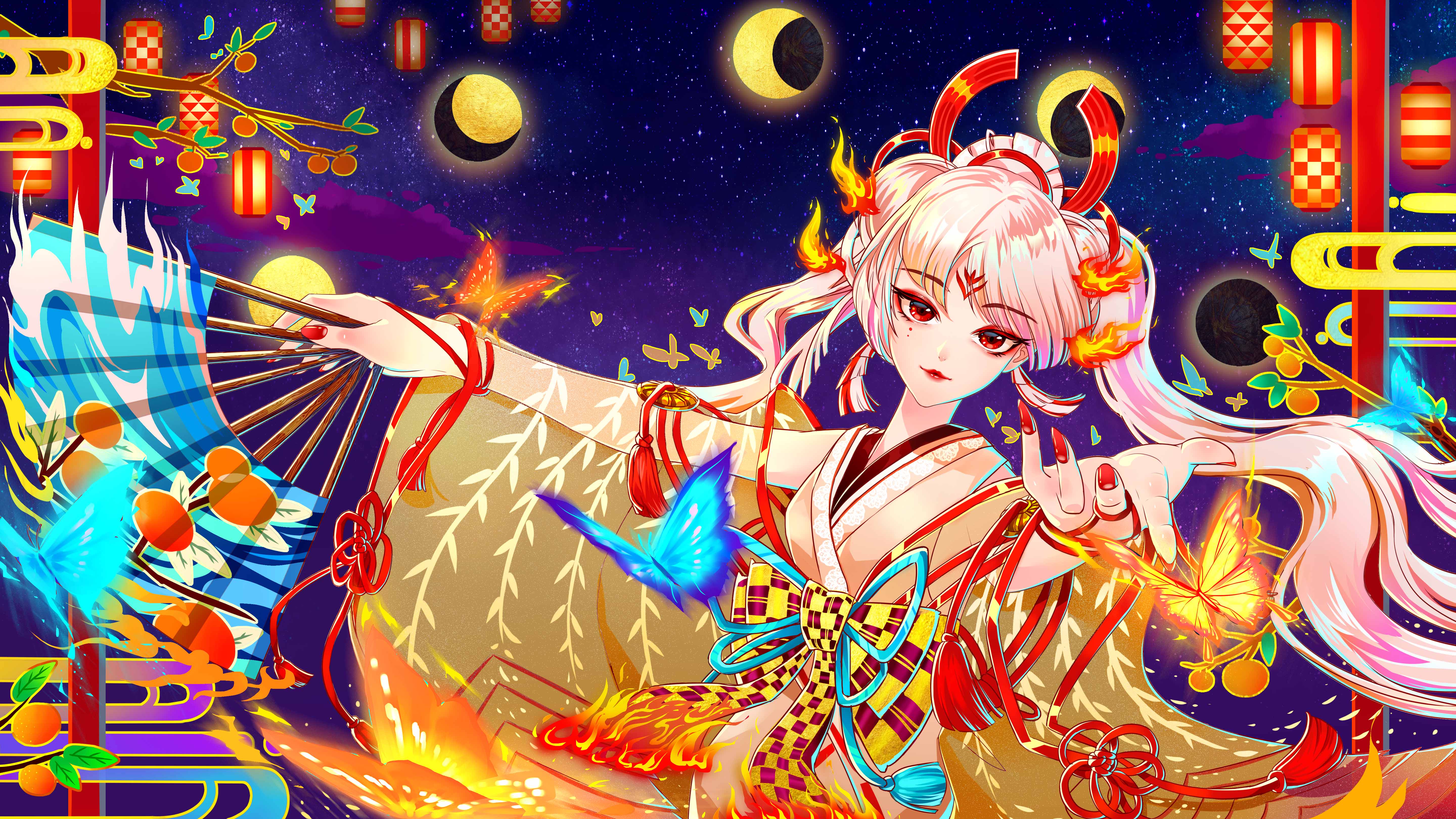 Download mobile wallpaper Anime, Moon, Butterfly, Kimono, Ribbon, Onmyoji for free.