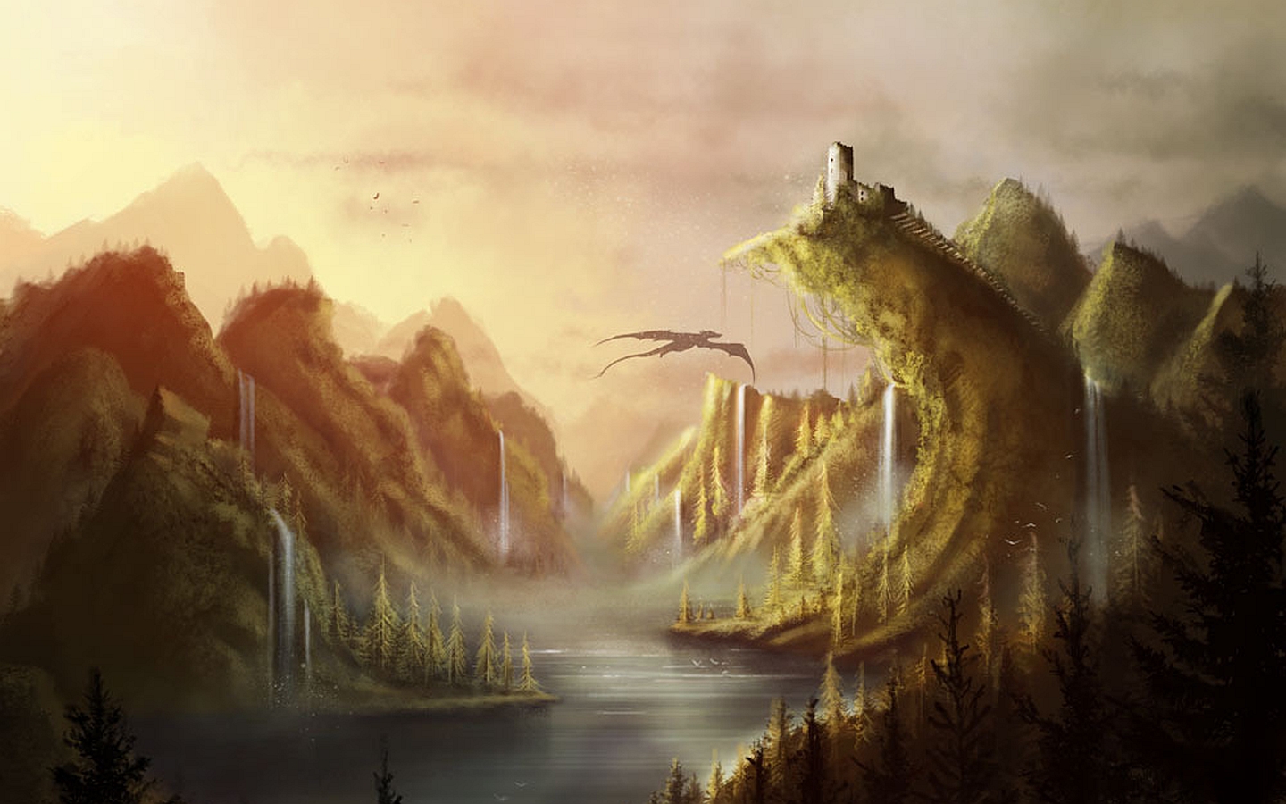 Laden Sie das Landschaft, Fantasie, See, Wasserfall, Drachen-Bild kostenlos auf Ihren PC-Desktop herunter