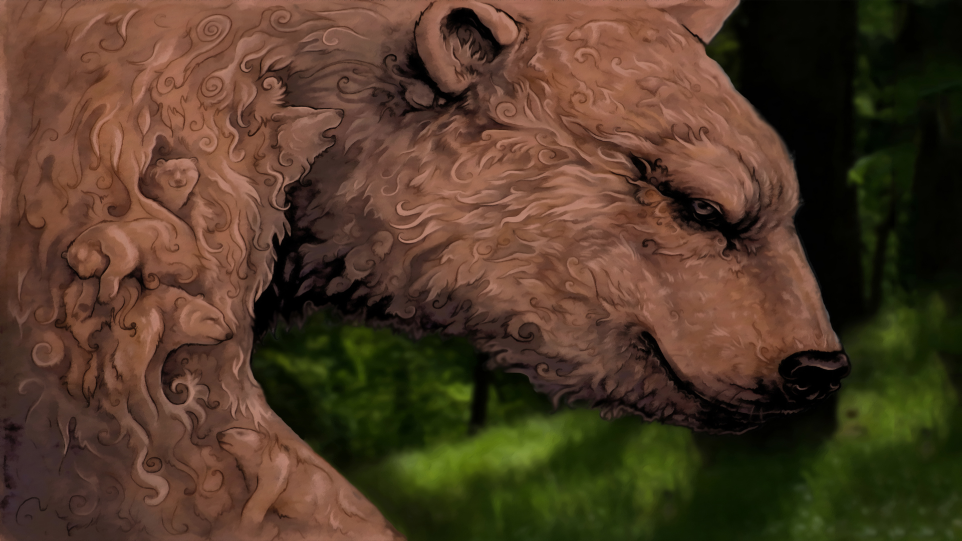 Download mobile wallpaper Drawing, Bear, Cartoon, Fantasy Animals, Fantasy, Forest, Animal for free.