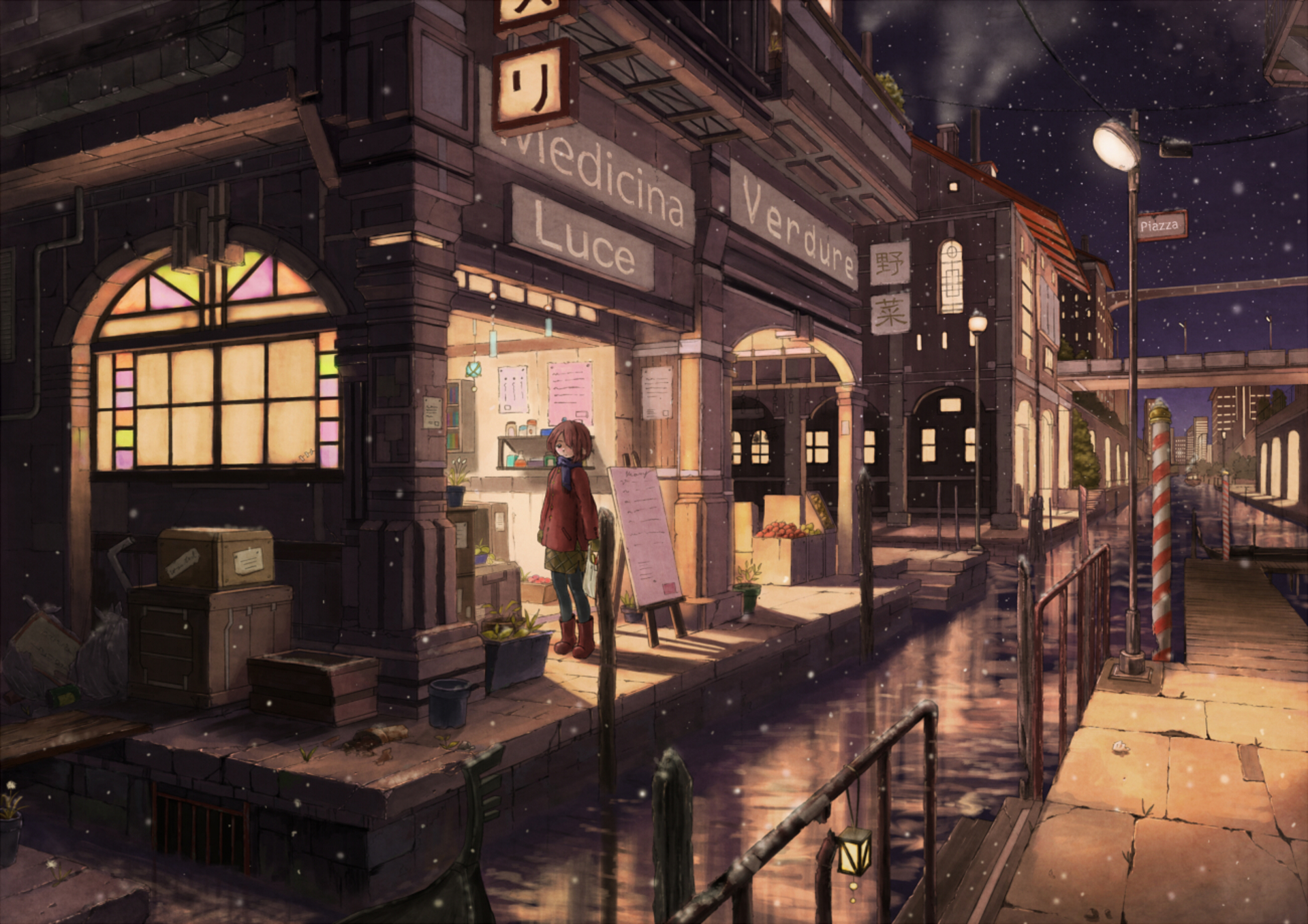 Free download wallpaper Anime, Water, City, Snowfall, Shop on your PC desktop