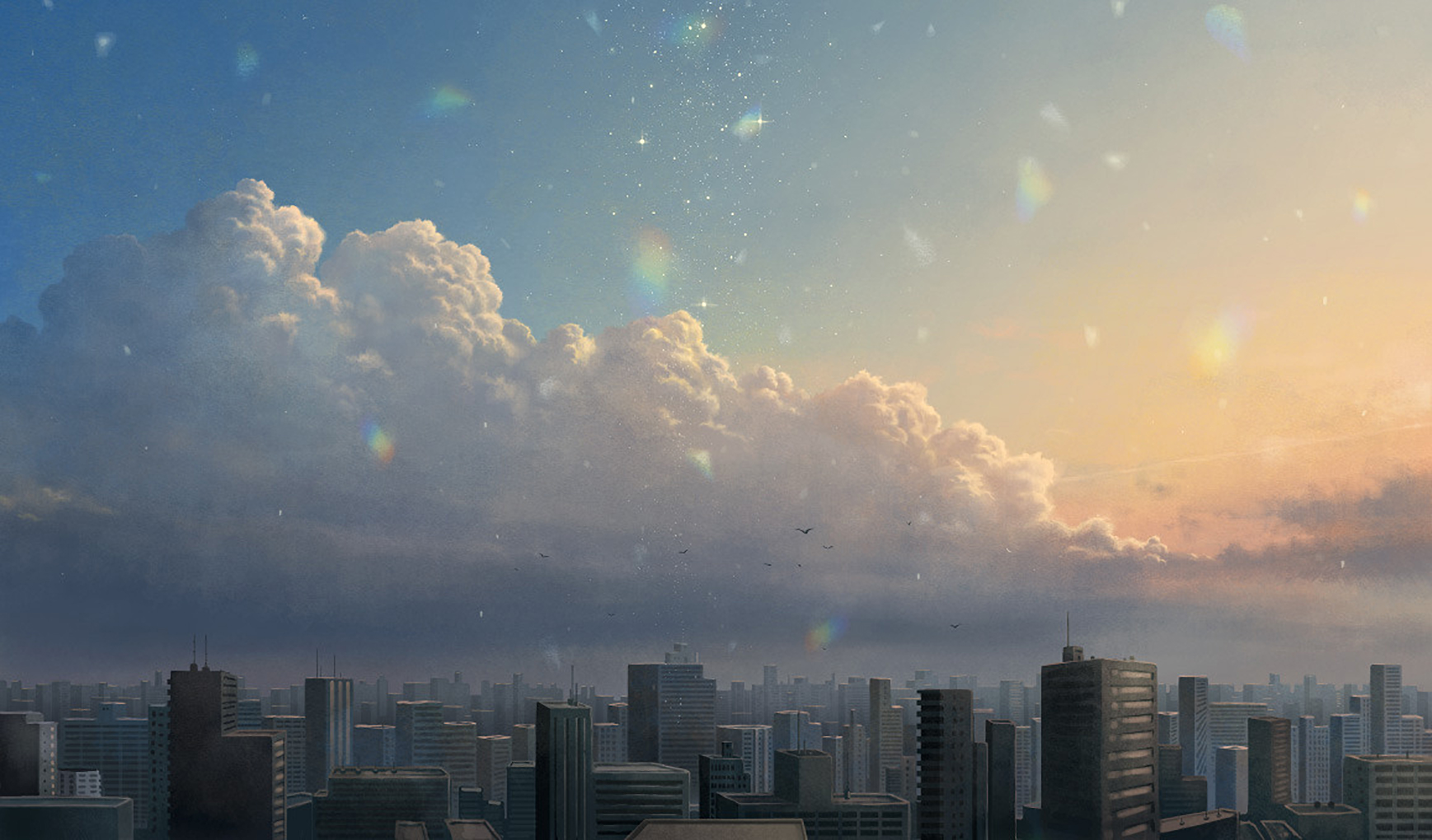 Laden Sie das Gebäude, Abend, Sonnenlicht, Wolke, Himmel, Animes, Großstadt-Bild kostenlos auf Ihren PC-Desktop herunter