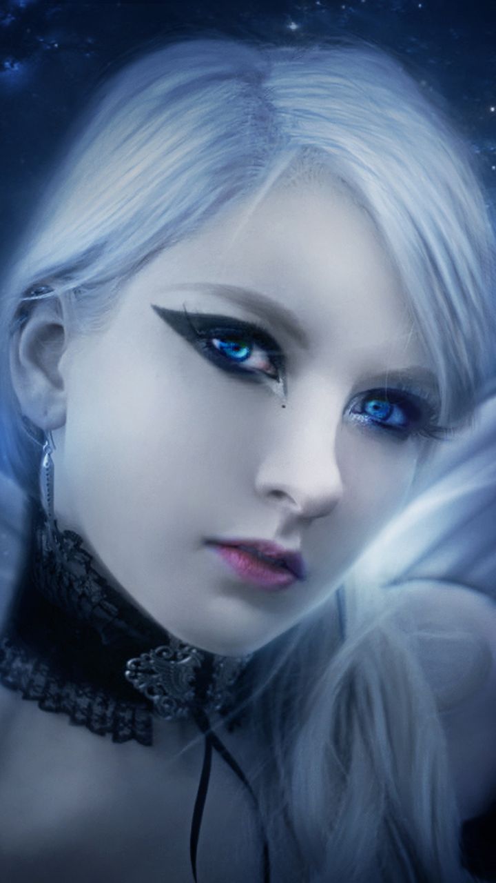Download mobile wallpaper Fantasy, Night, Women, Blue Eyes, White Hair for free.