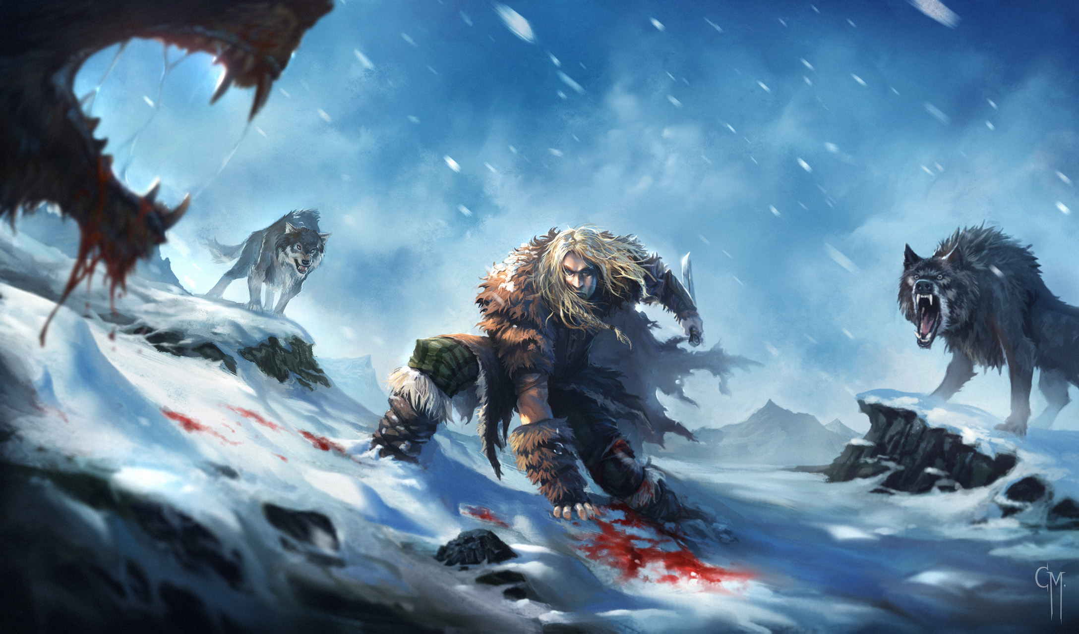 Free download wallpaper Fantasy, Snow, Blood, Wolf, Warrior, Sword on your PC desktop