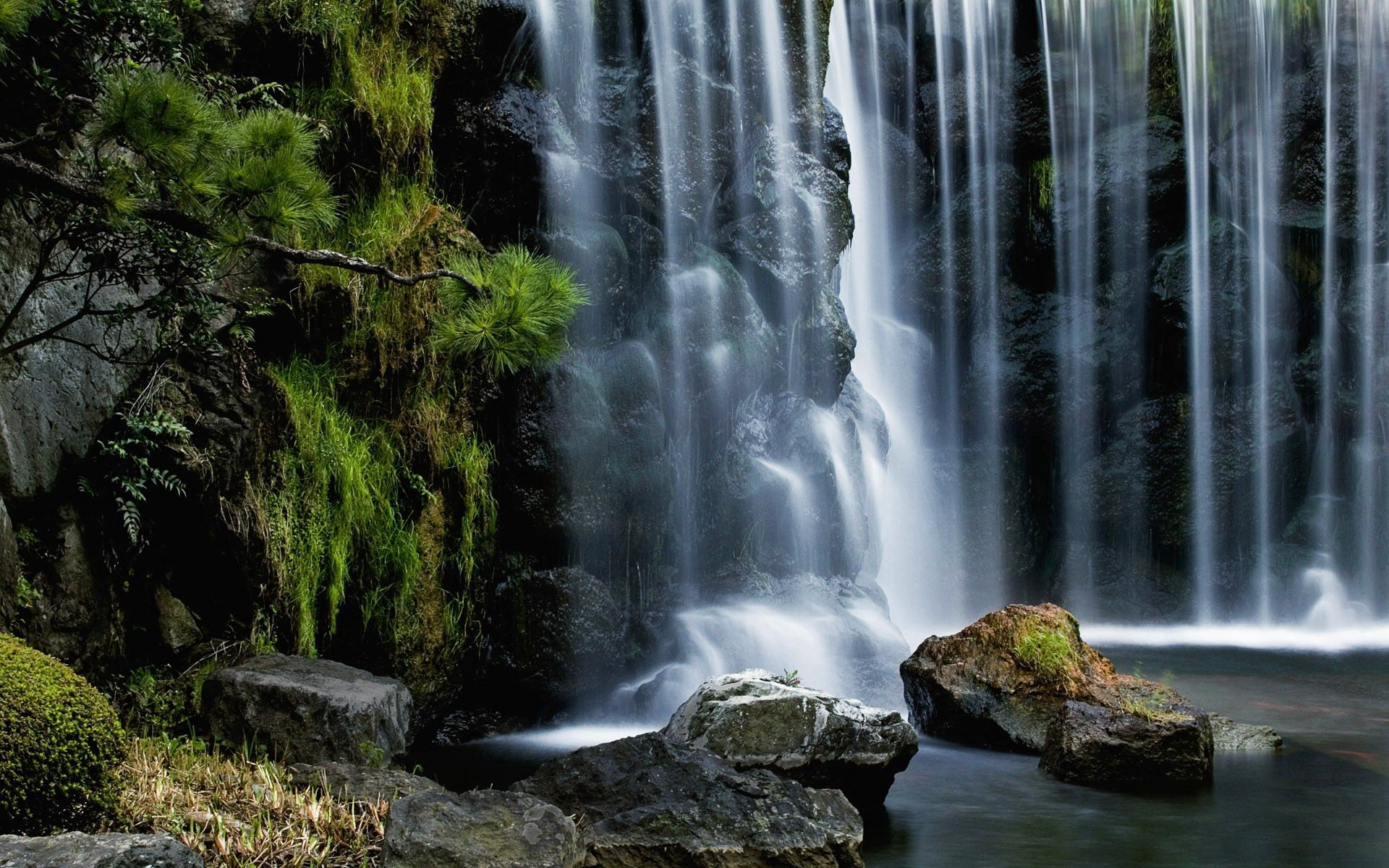 Download mobile wallpaper Jets, Stones, Vegetation, Nature, Waterfall, Moss, Jet, Wall for free.